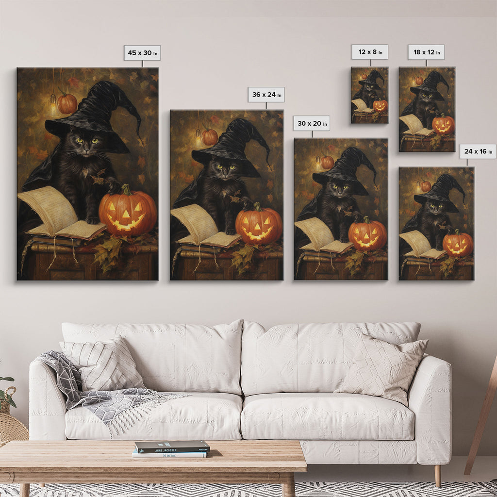 Cute Witch Cat Reading Her Book Of Spells, Vintage Halloween Art, Framed Canvas Print, Halloween Canvas Art, Witchcraft | | Wiccan Center