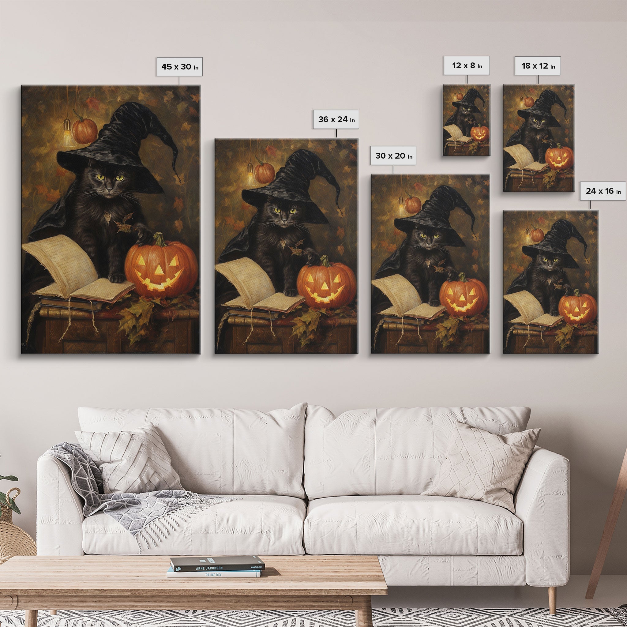 Cute Witch Cat Reading Her Book Of Spells, Vintage Halloween Art, Framed Canvas Print, Halloween Canvas Art, Witchcraft | | Wiccan Center
