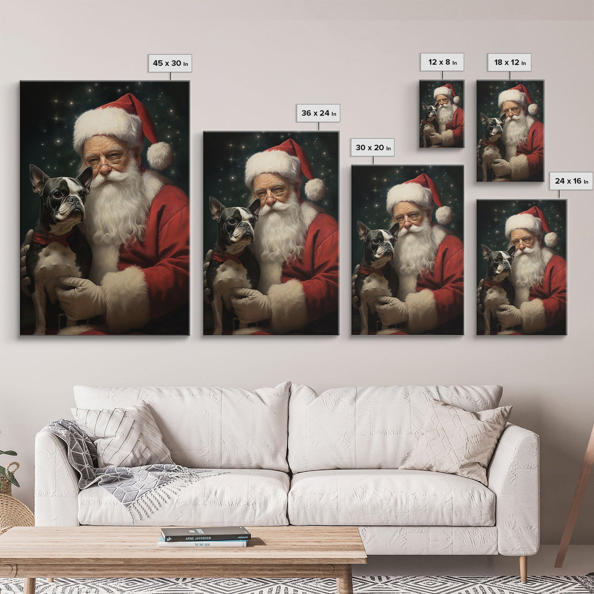 Santa Claus And His Boston Terrier, Christmas Wall Art, Dog Gift, Christmas Dog, Winter Wall Art, Santa Decor, Santa Art Print, Cute Dog