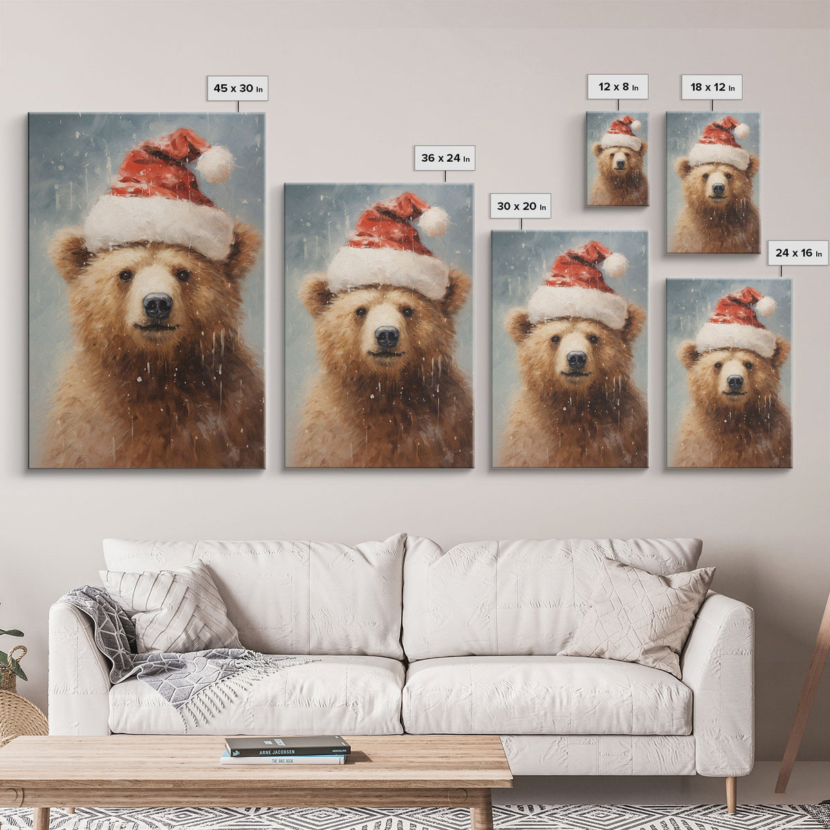 Cute Christmas Bear In A Santa Hat, Framed Canvas Print, Christmas Art, Christmas Decor, Christmas Art Print, Christmas Wall Art