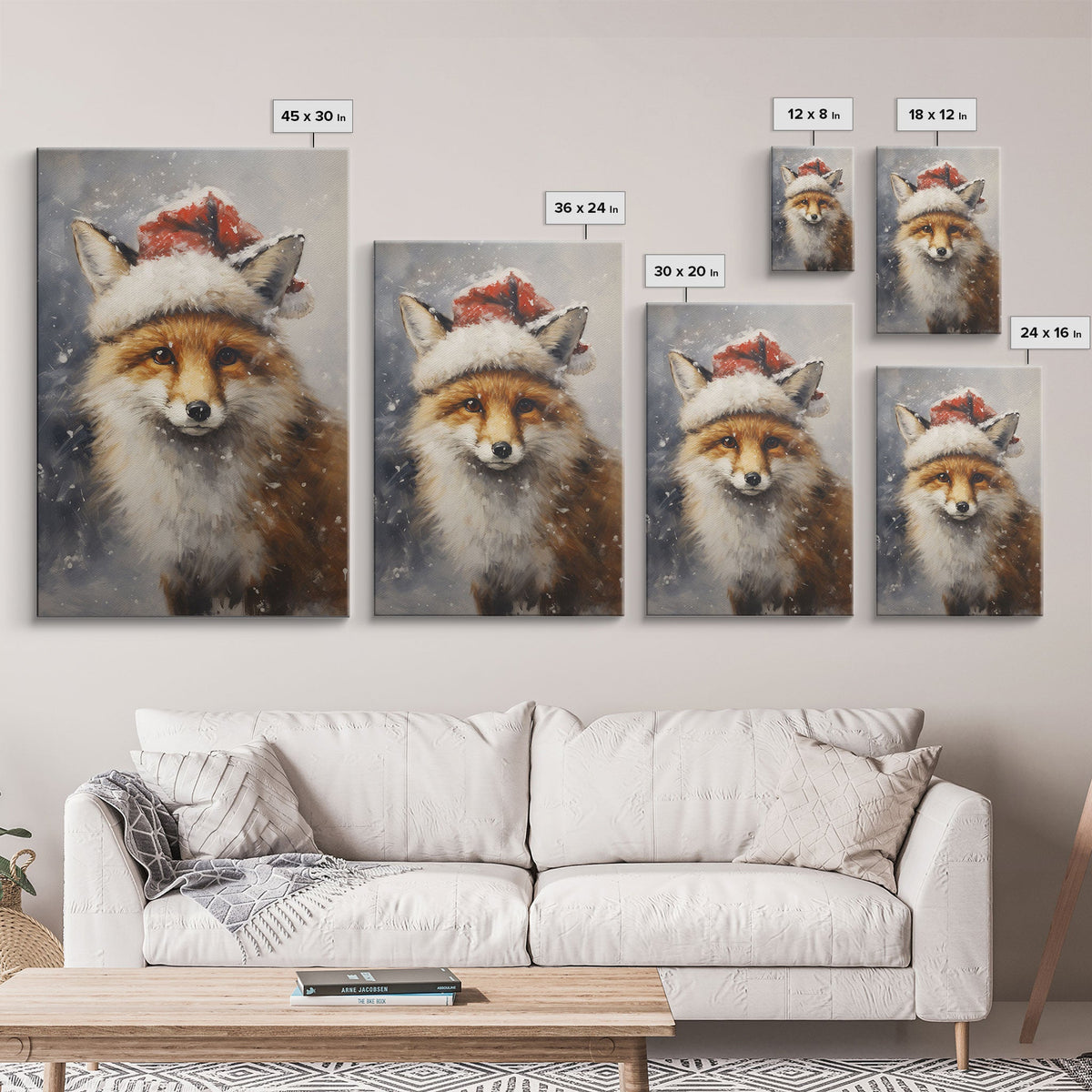 Cute Christmas Fox In A Santa Hat, Christmas Art, Christmas Decor, Christmas Wall Art, Farmhouse Christmas, Vintage Christmas, Fox Art