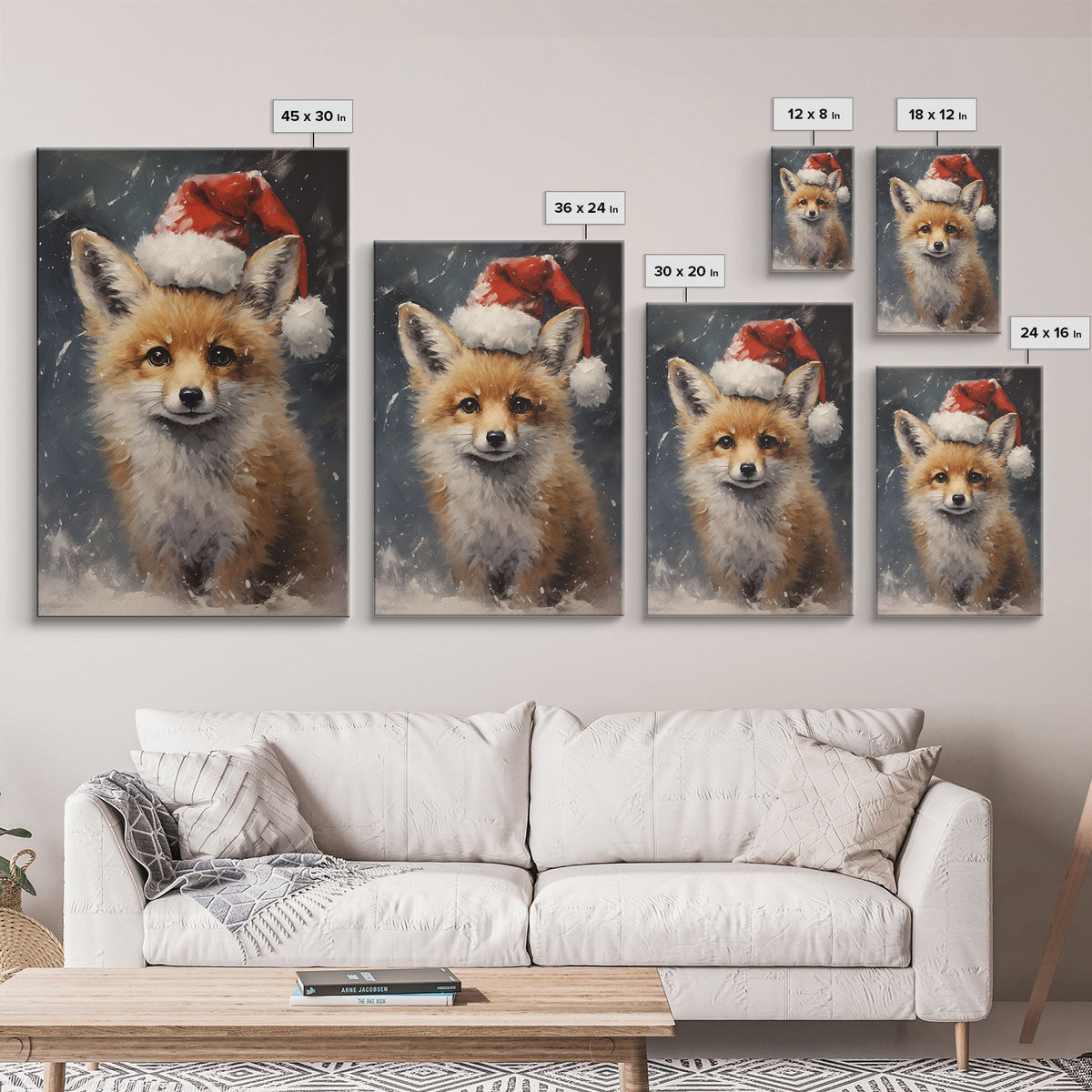 Cute Christmas Fox In A Santa Hat, Christmas Art, Christmas Decor, Christmas Wall Art, Farmhouse Christmas, Vintage Christmas, Fox Art
