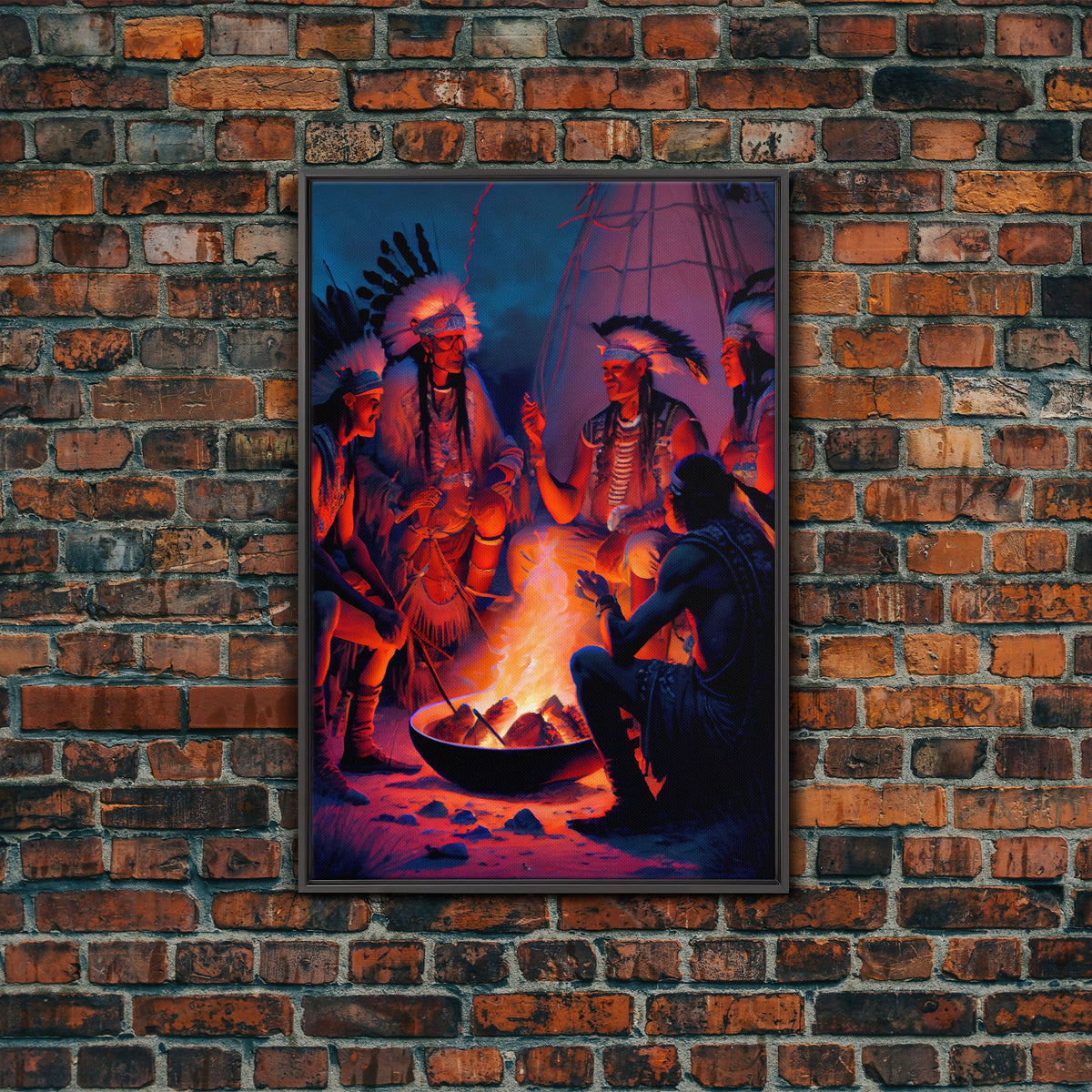 Wild West Decor, framed canvas print, Watercolor of Native Americans enjoying a campfire | | Wiccan Center