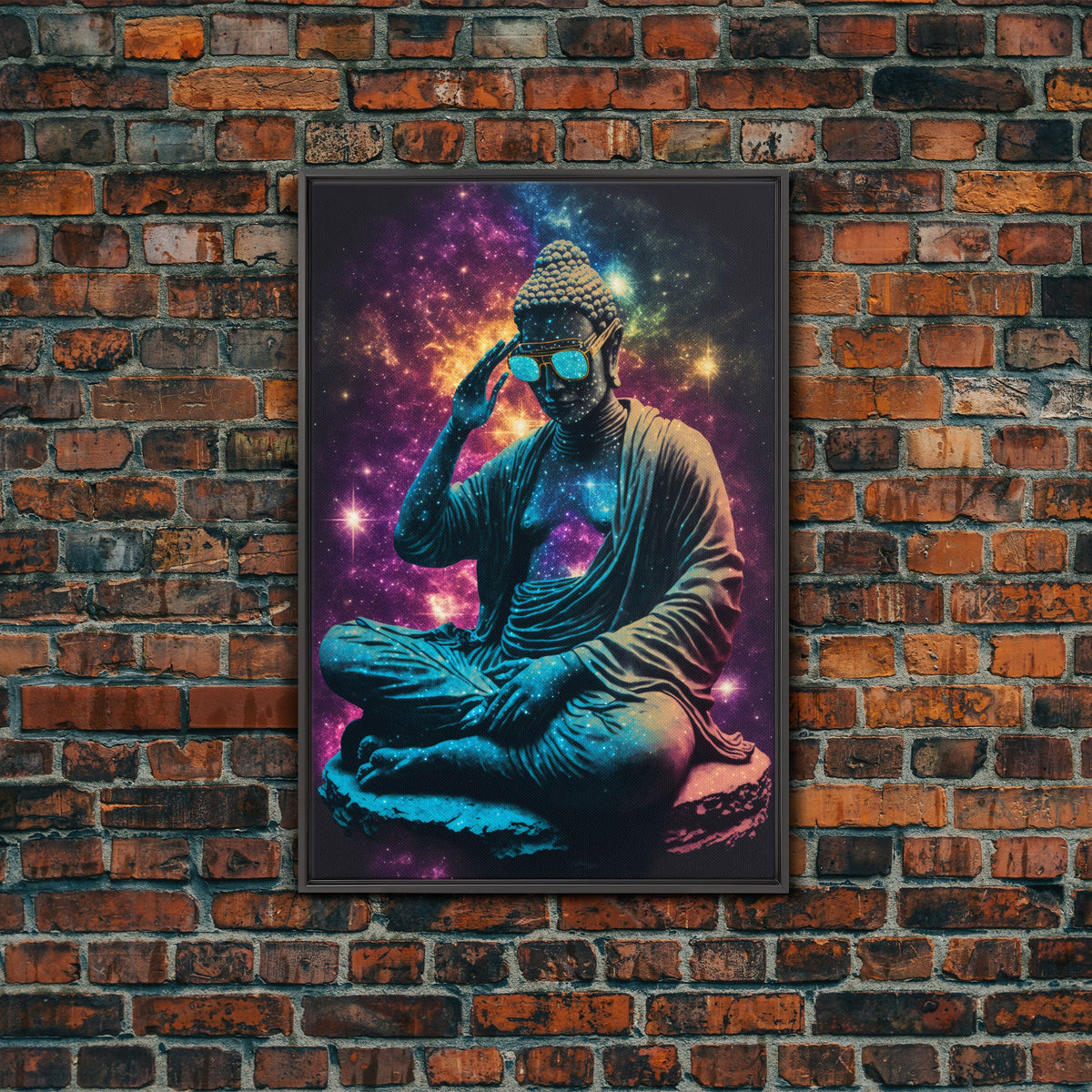Psychedelic Buddha Wearing Aviators / Sunglasses, Meditation Art, Framed Canvas Print | | Wiccan Center