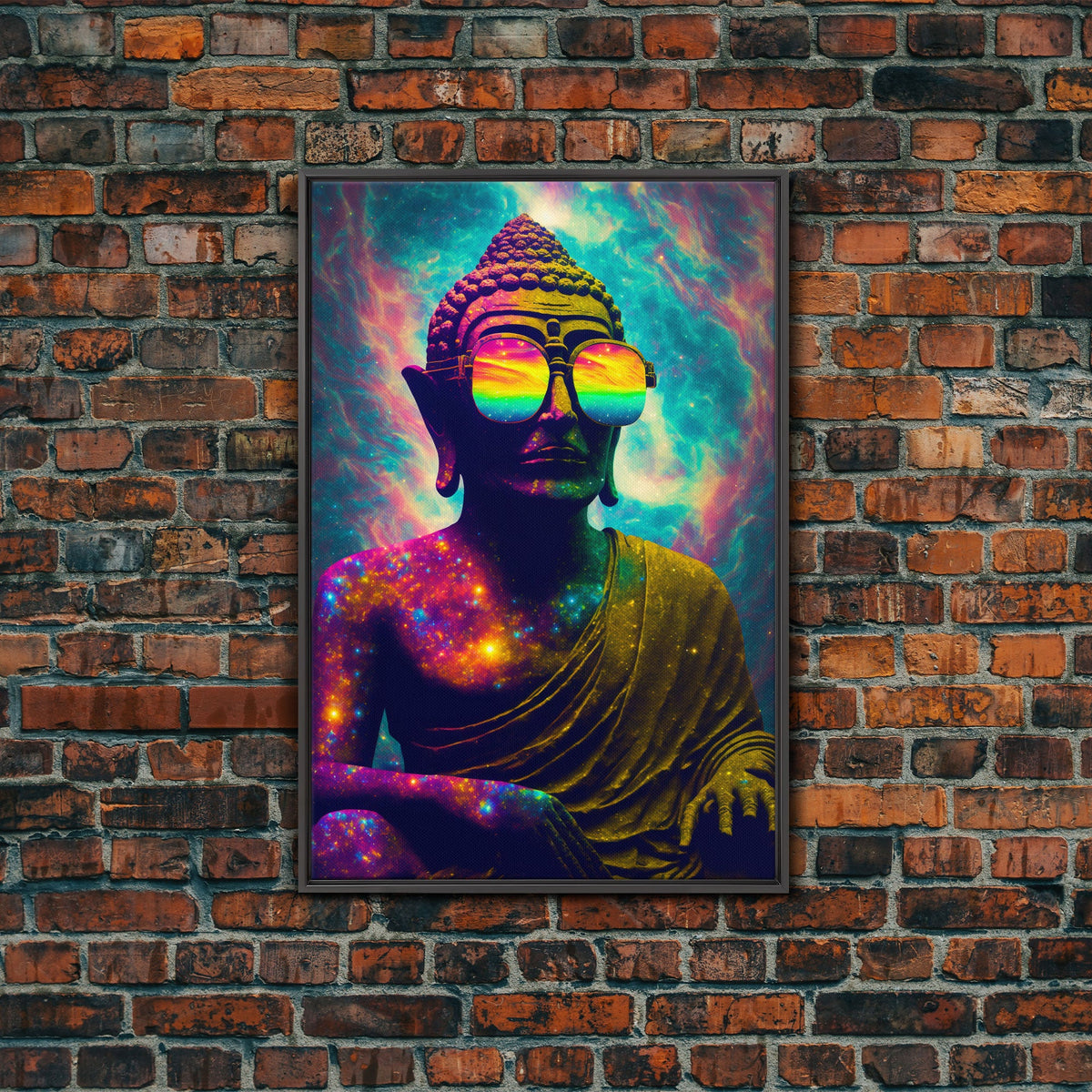 Open Your Mind, Psychedelic Buddha Wearing Aviators / Sunglasses, Meditation Art, Framed Canvas Print, Color Pop Art | | Wiccan Center
