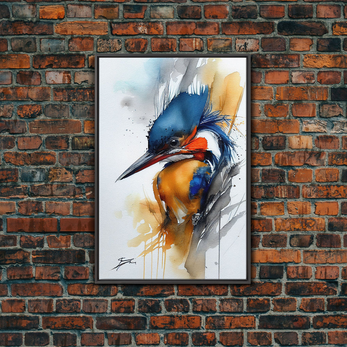 Watercolor of a Kingfisher, Framed Canvas Print, Bird Painting, Bird Watcher Art, Blue and Orange Kingfisher Watercolor Painting
