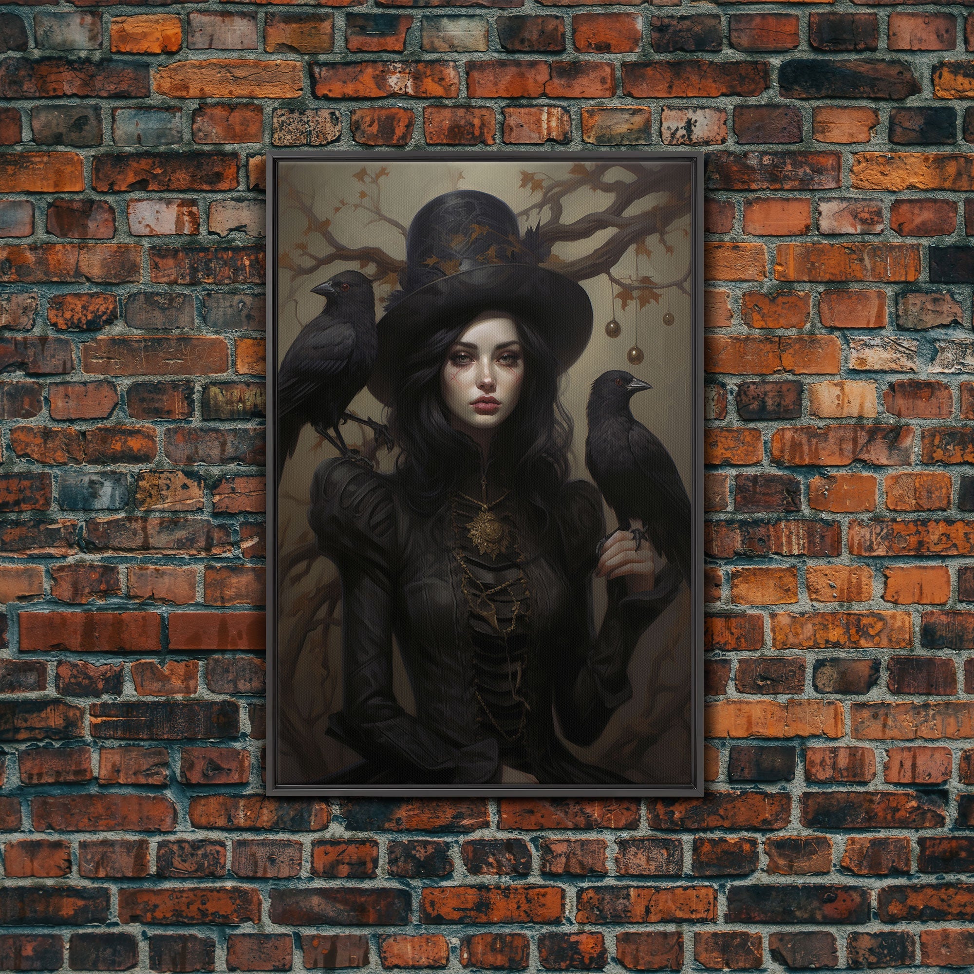 The Witch and Her Ravens, Framed Canvas, Oil Painting Print, Halloween Decor, Gothic Art, Dark Academia, Witchcraft Halloween Art | | Wiccan Center