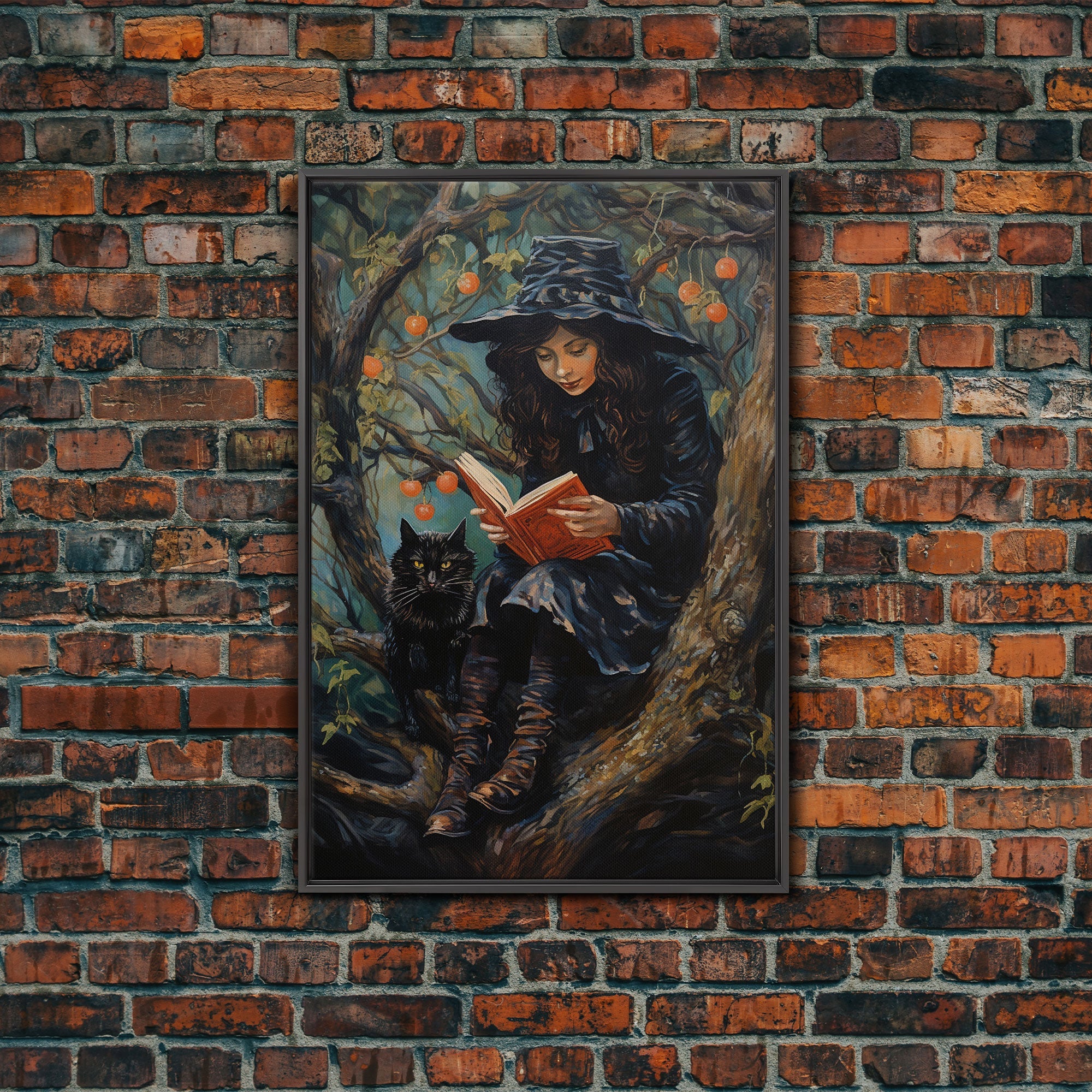 Cute Witch Reading Spells To Her Black Cat Familiar, Vintage Halloween Art, Framed Canvas Print, Halloween Canvas Art, Witchcraft | | Wiccan Center
