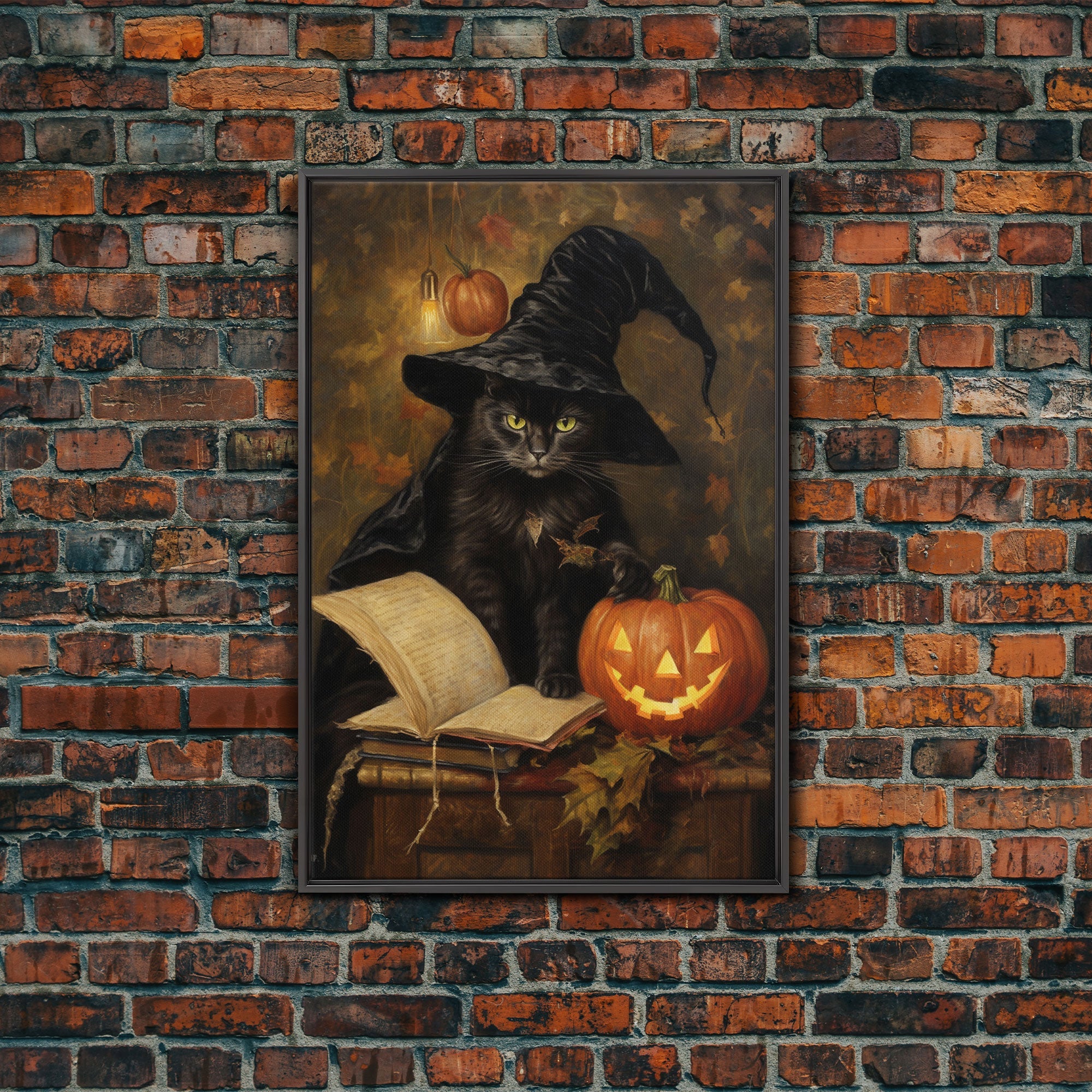 Cute Witch Cat Reading Her Book Of Spells, Vintage Halloween Art, Framed Canvas Print, Halloween Canvas Art, Witchcraft | | Wiccan Center