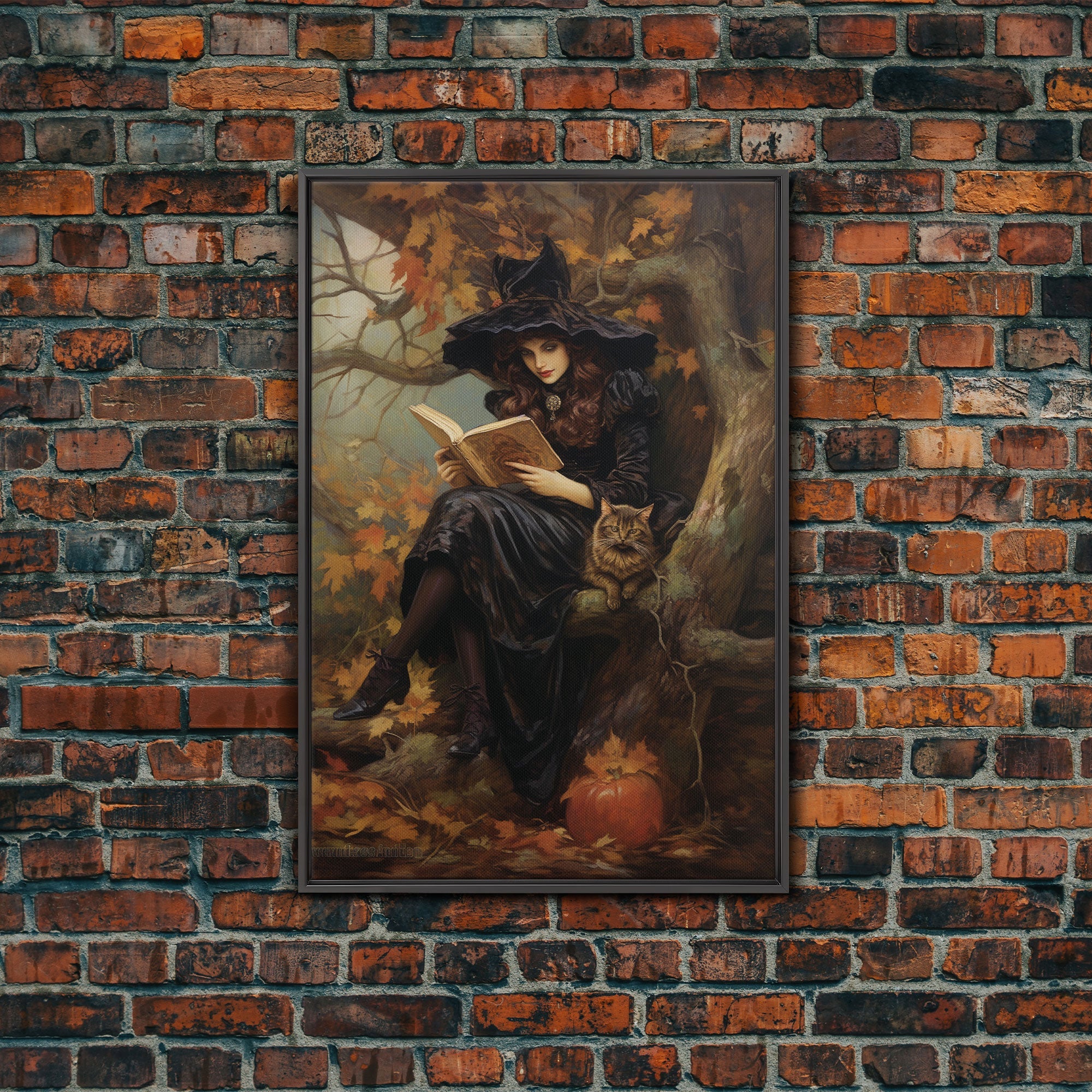 Pretty Witch Reading Spells To Her Black Cat Familiar, Vintage Halloween Art, Framed Canvas Print, Halloween Canvas Art, Witchcraft | | Wiccan Center