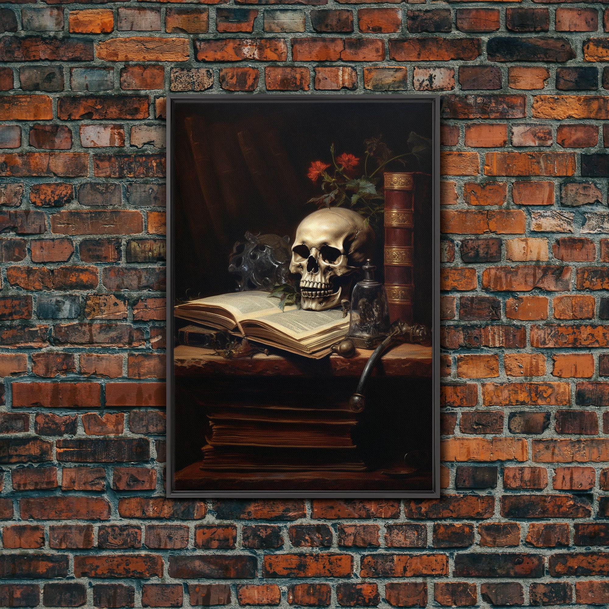 Victorian Book Shelf With Skull, Vintage Canvas, Art Canvas Print, Dark Academia, Gothic Victorian, Reading Gifts, Halloween Decoration
