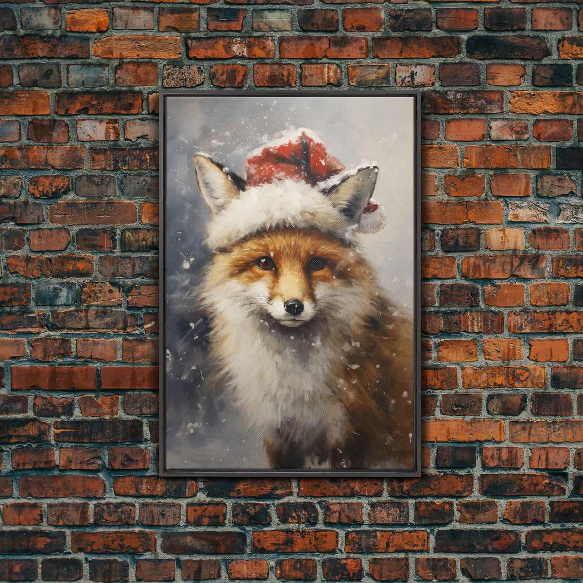 Cute Christmas Fox In A Santa Hat, Christmas Art, Christmas Decor, Christmas Wall Art, Farmhouse Christmas, Vintage Christmas, Fox Art
