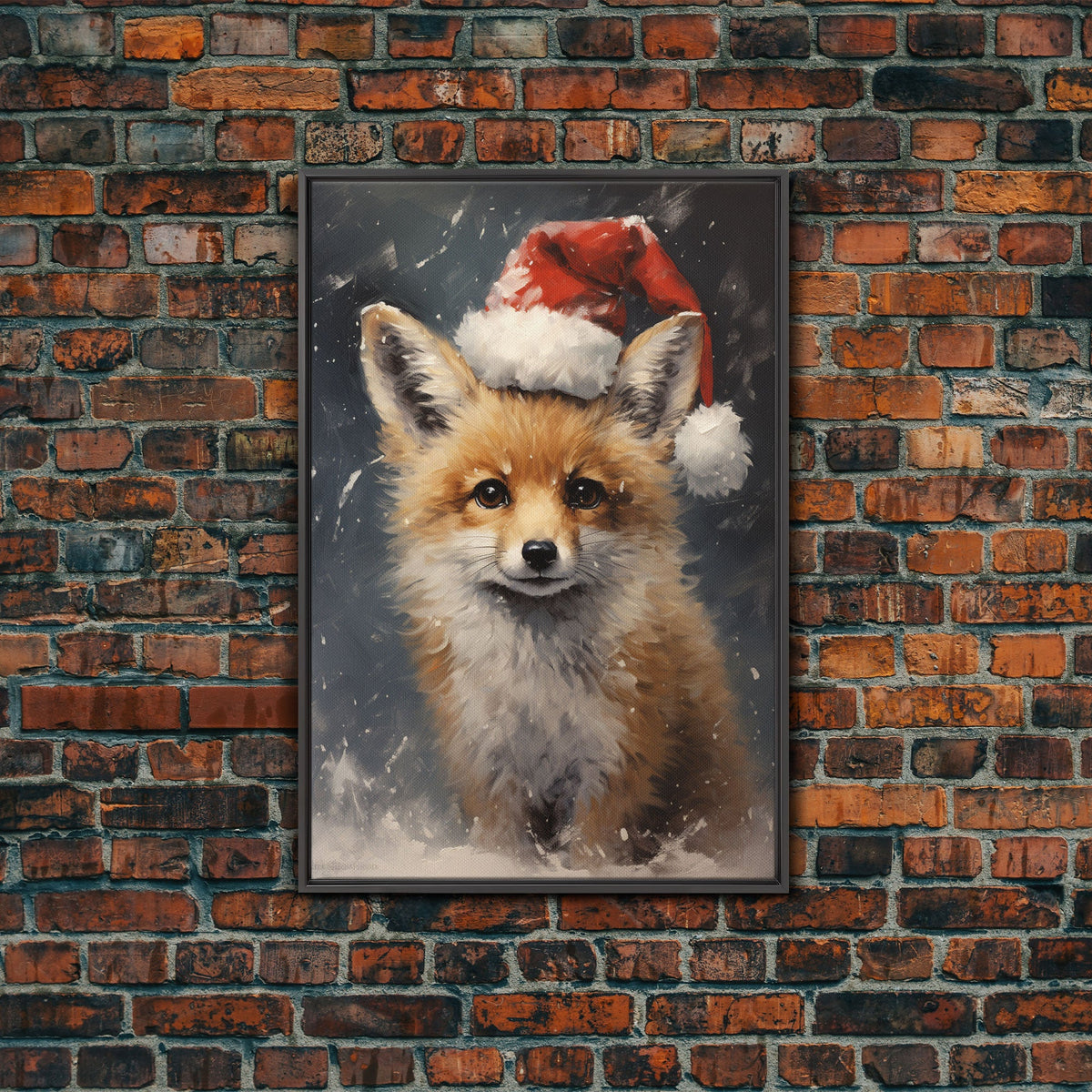 Cute Christmas Fox In A Santa Hat, Christmas Art, Christmas Decor, Christmas Wall Art, Farmhouse Christmas, Vintage Christmas, Fox Art