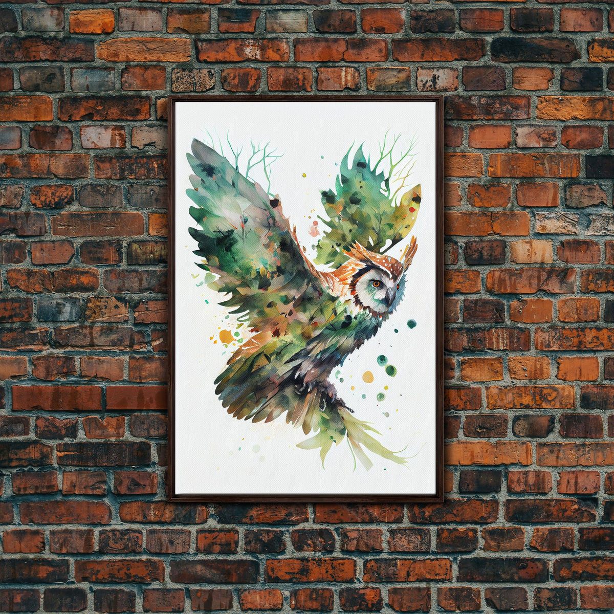 Owl made of leaves, watercolor of an owl flying, framed canvas print, farmhouse wall decor, Fall Decor, Fall Wall Art