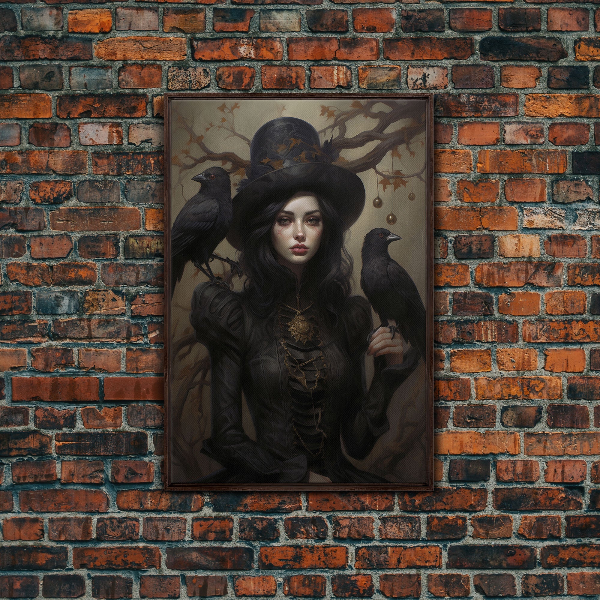 The Witch and Her Ravens, Framed Canvas, Oil Painting Print, Halloween Decor, Gothic Art, Dark Academia, Witchcraft Halloween Art | | Wiccan Center