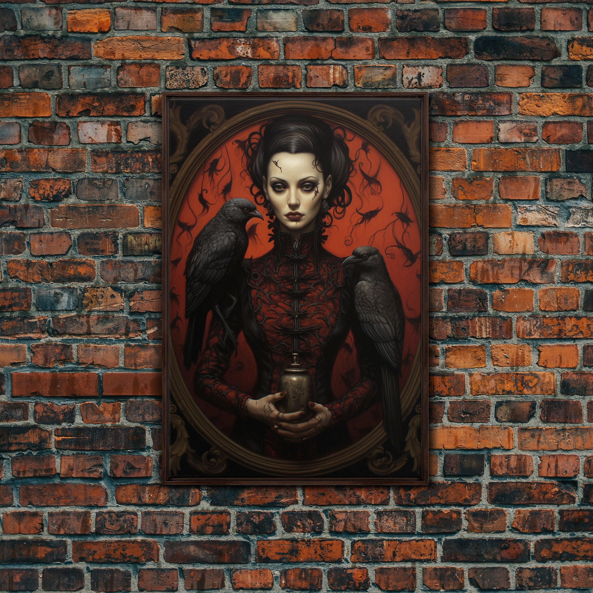 The Witch and Her Crows, Framed Canvas, Oil Painting Print, Halloween Decor, Gothic Art, Dark Academia, Witchcraft Halloween Art, Raven Art | | Wiccan Center