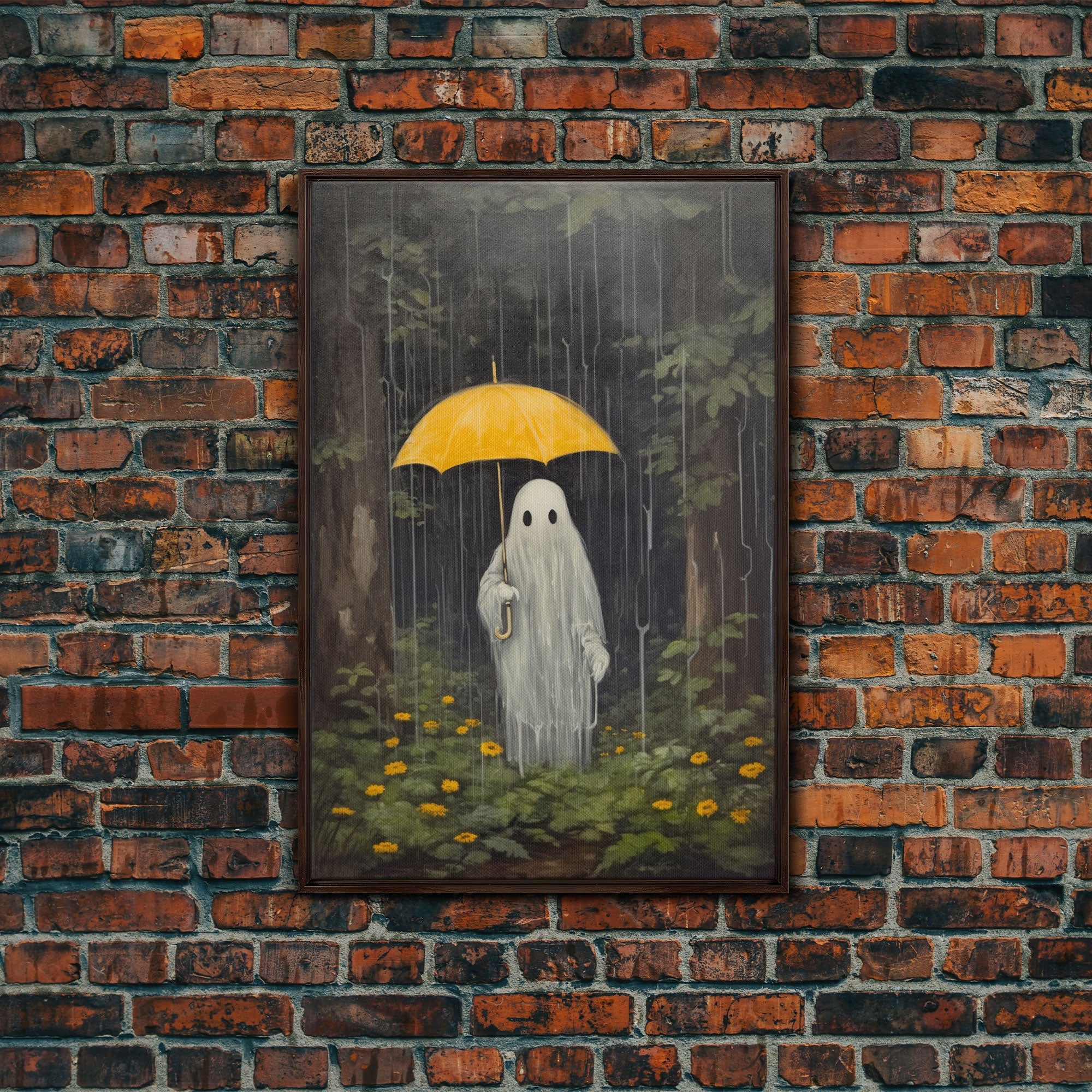 Spooky Ghost In The Rain, Vintage Halloween Art, Framed Canvas, Funny Halloween Decor, Ghost Print, Goth Art, Umbrella Ghost
