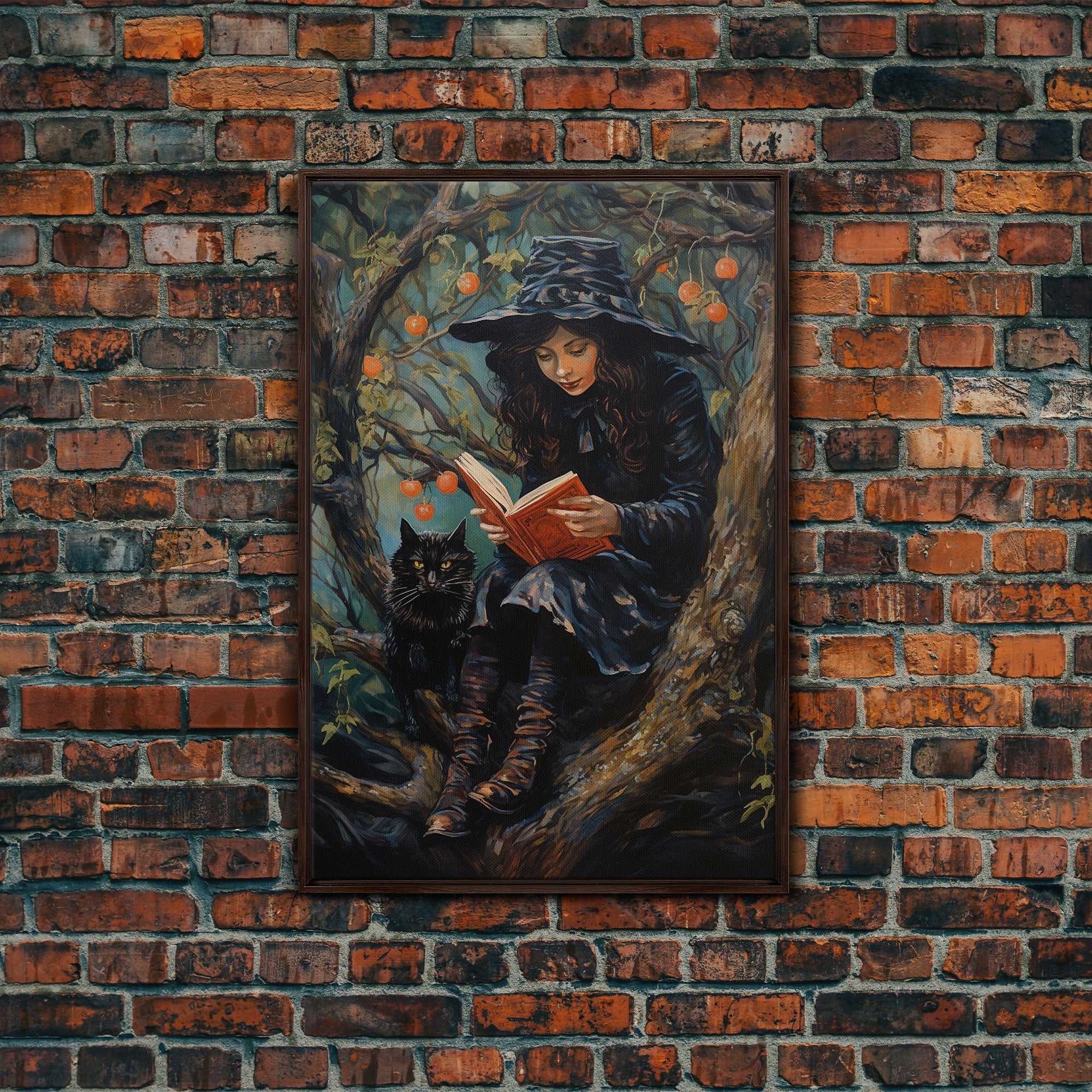 Cute Witch Reading Spells To Her Black Cat Familiar, Vintage Halloween Art, Framed Canvas Print, Halloween Canvas Art, Witchcraft | | Wiccan Center
