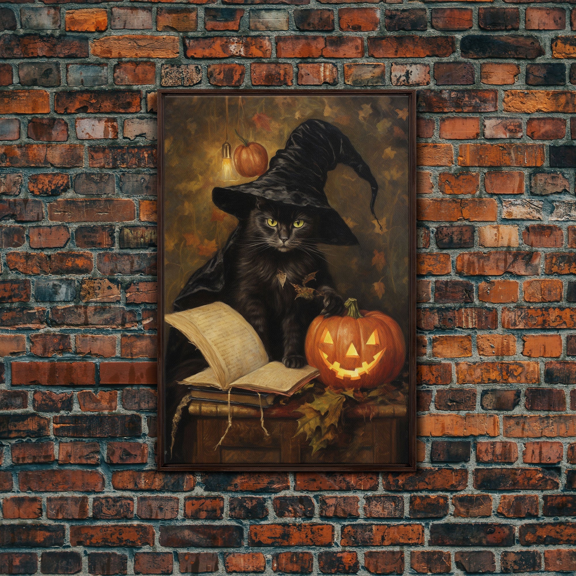 Cute Witch Cat Reading Her Book Of Spells, Vintage Halloween Art, Framed Canvas Print, Halloween Canvas Art, Witchcraft | | Wiccan Center