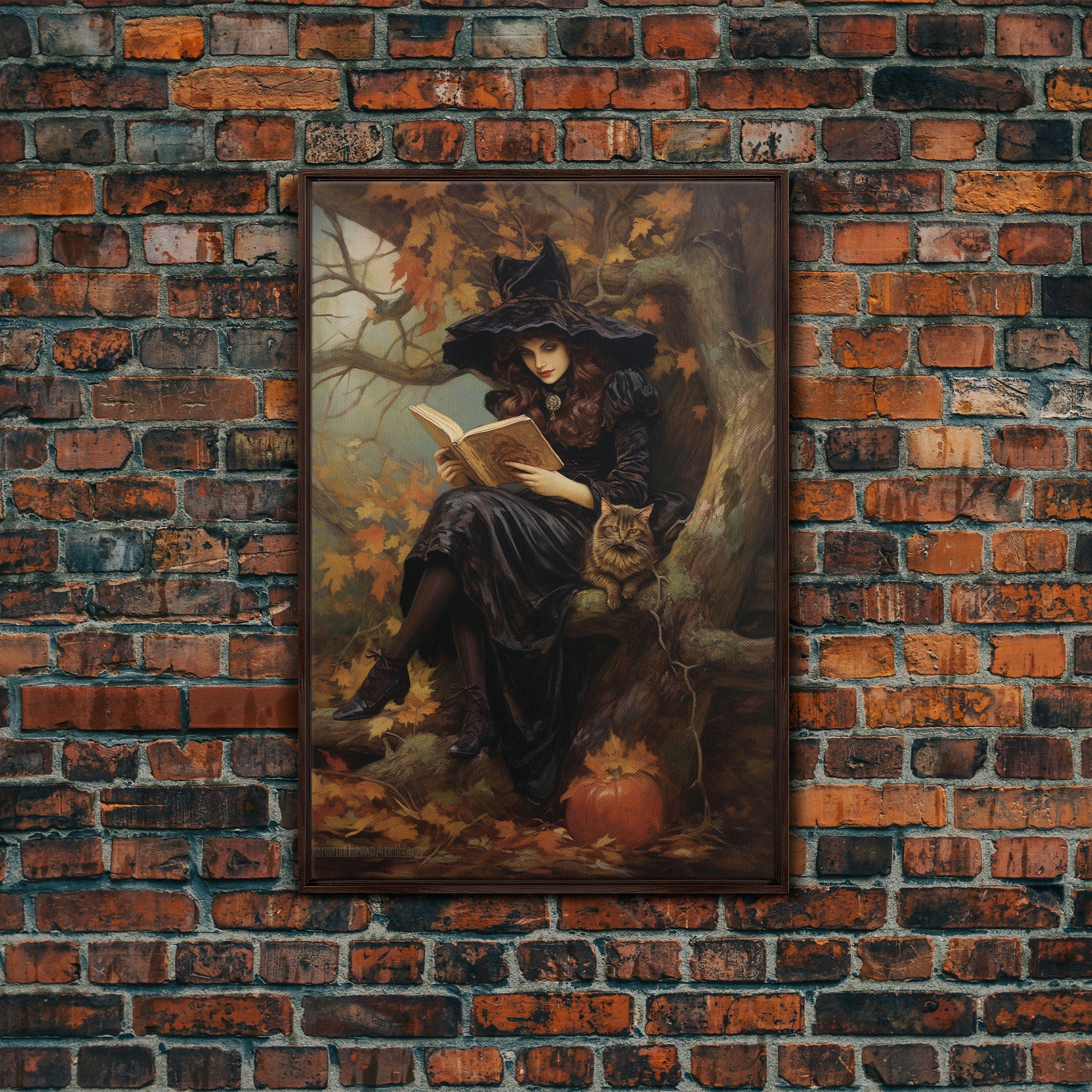 Pretty Witch Reading Spells To Her Black Cat Familiar, Vintage Halloween Art, Framed Canvas Print, Halloween Canvas Art, Witchcraft | | Wiccan Center