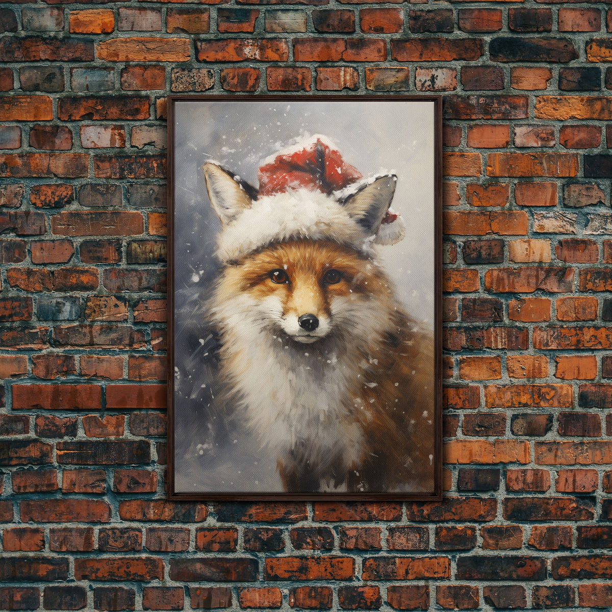 Cute Christmas Fox In A Santa Hat, Christmas Art, Christmas Decor, Christmas Wall Art, Farmhouse Christmas, Vintage Christmas, Fox Art