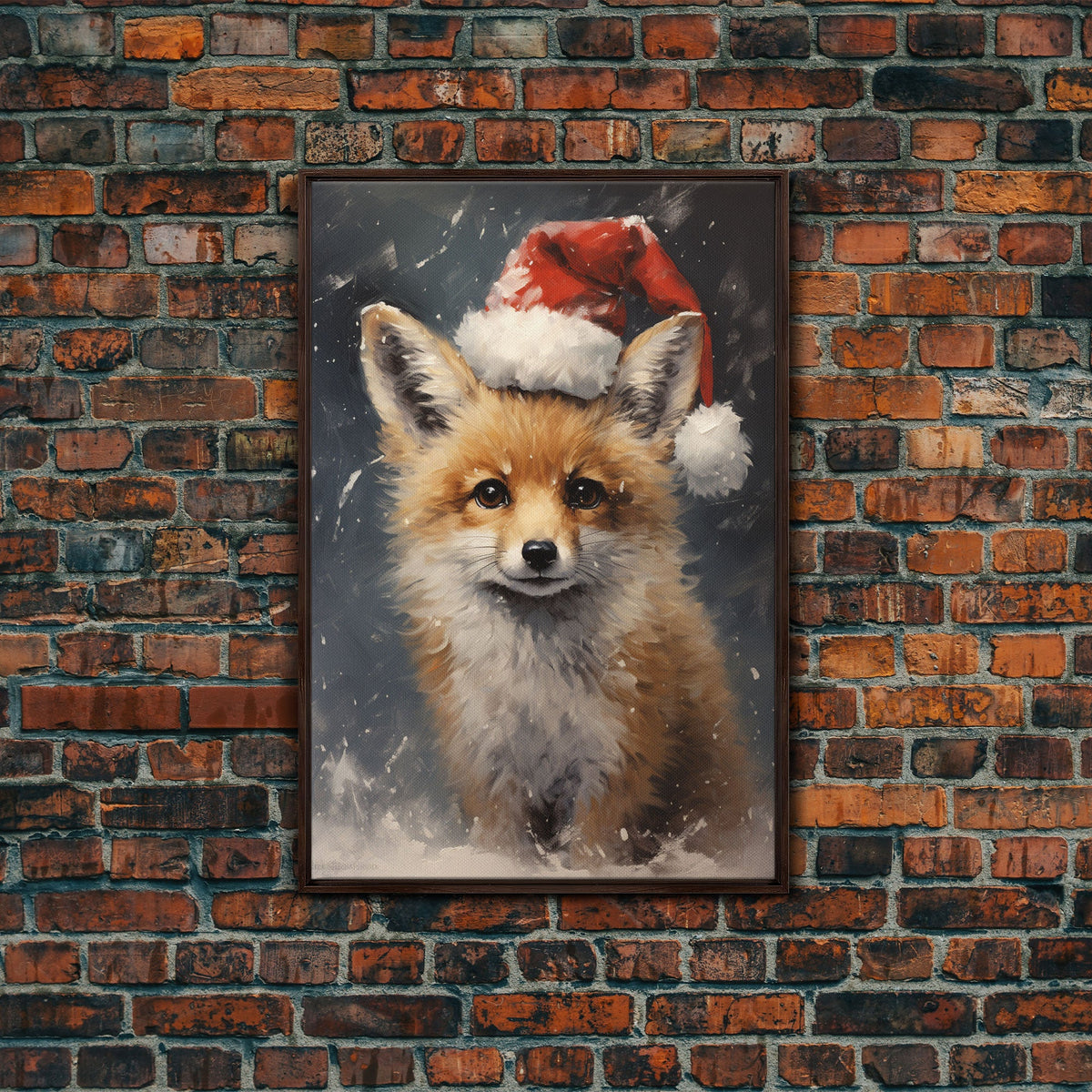 Cute Christmas Fox In A Santa Hat, Christmas Art, Christmas Decor, Christmas Wall Art, Farmhouse Christmas, Vintage Christmas, Fox Art