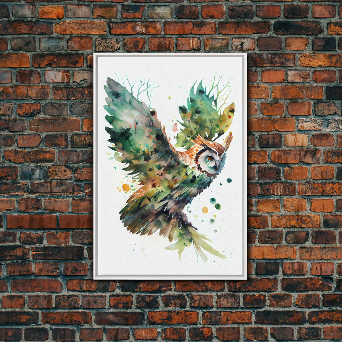 Owl made of leaves, watercolor of an owl flying, framed canvas print, farmhouse wall decor, Fall Decor, Fall Wall Art