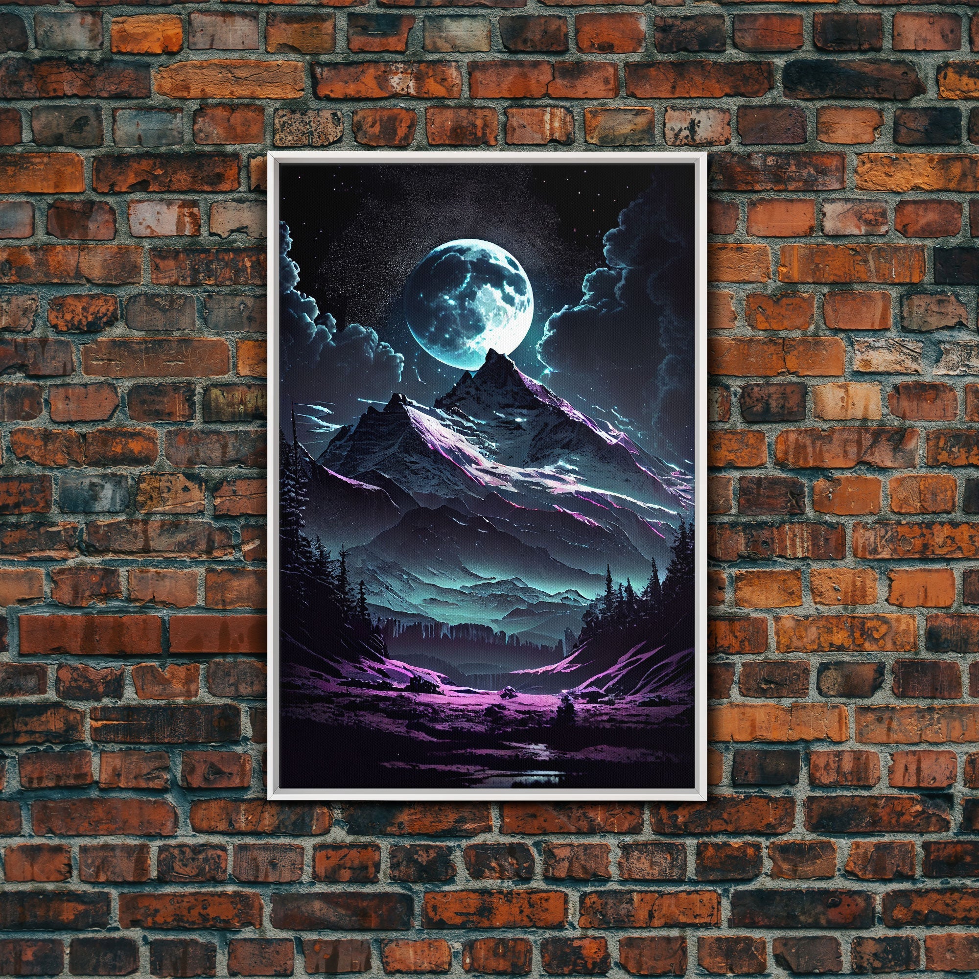 Mythical mountains fantasy art, framed canvas print, full moon over a mystical mountain landscape