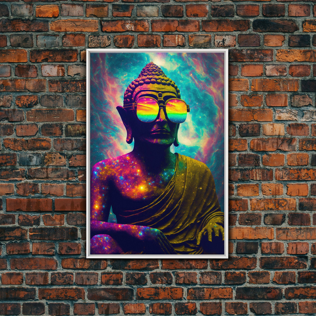Open Your Mind, Psychedelic Buddha Wearing Aviators / Sunglasses, Meditation Art, Framed Canvas Print, Color Pop Art | | Wiccan Center