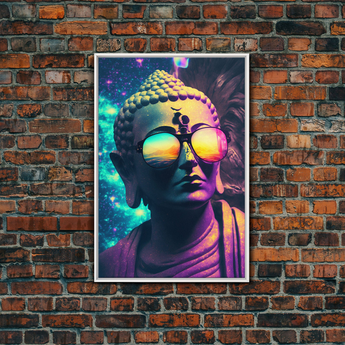 Open Your Mind, Psychedelic Buddha Statue Wearing Aviators / Sunglasses, Meditation Art, Framed Canvas Print, Color Pop Art | | Wiccan Center