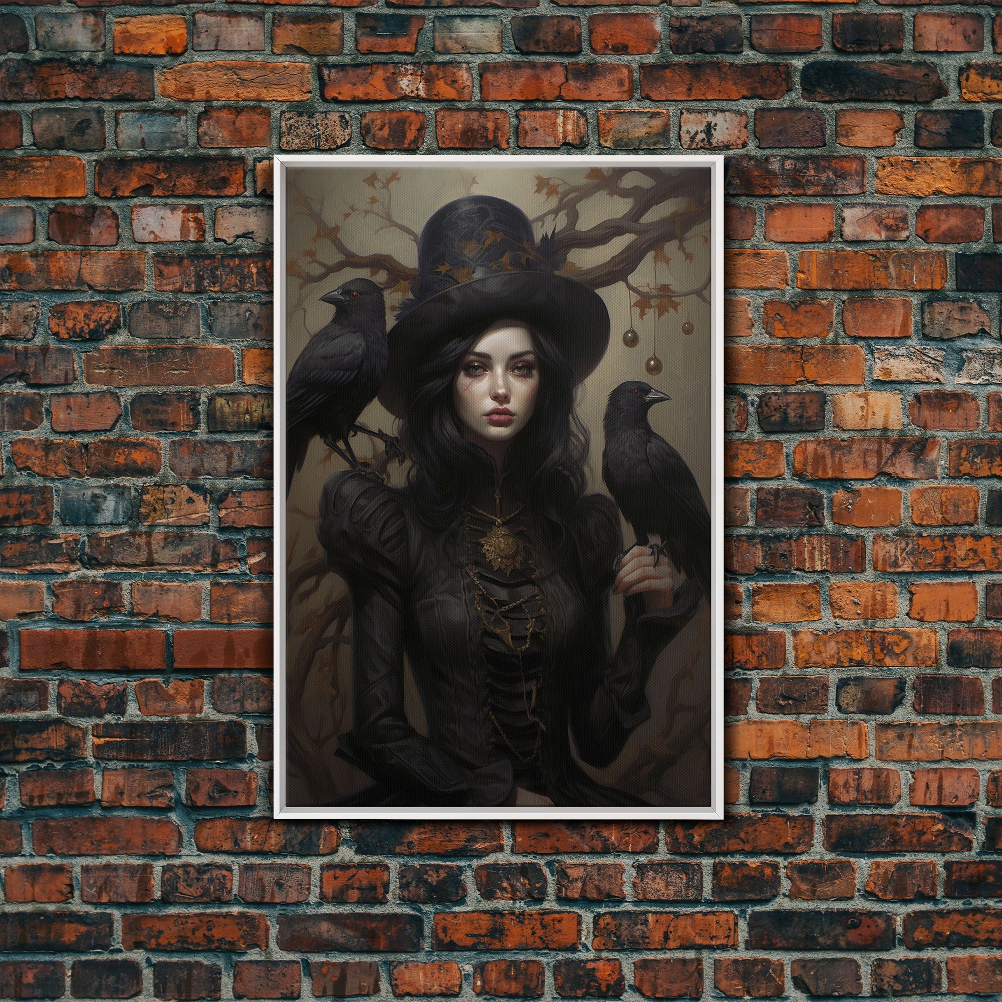 The Witch and Her Ravens, Framed Canvas, Oil Painting Print, Halloween Decor, Gothic Art, Dark Academia, Witchcraft Halloween Art | | Wiccan Center