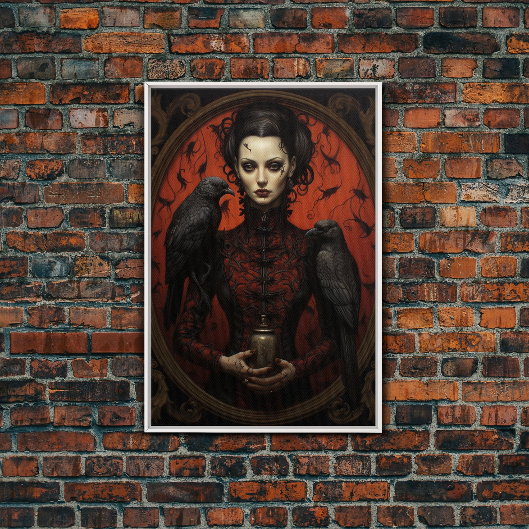 The Witch and Her Crows, Framed Canvas, Oil Painting Print, Halloween Decor, Gothic Art, Dark Academia, Witchcraft Halloween Art, Raven Art | | Wiccan Center