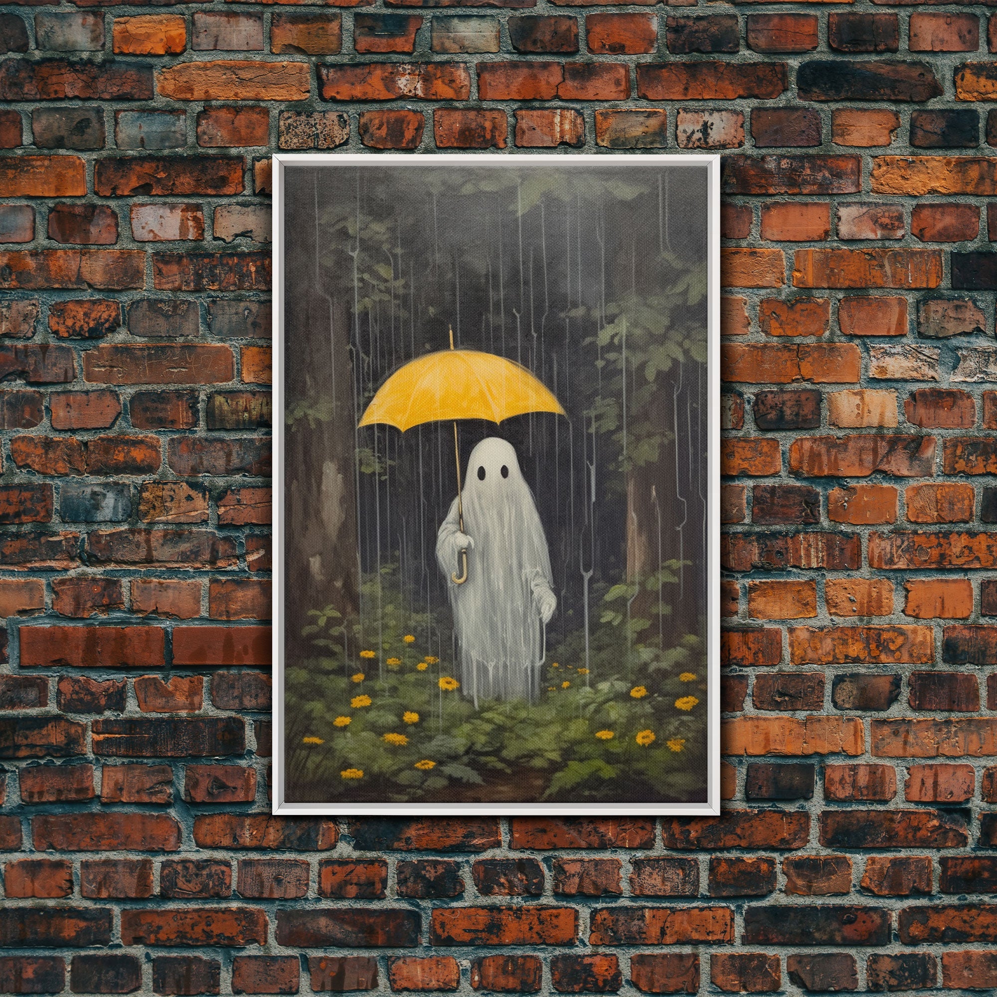 Spooky Ghost In The Rain, Vintage Halloween Art, Framed Canvas, Funny Halloween Decor, Ghost Print, Goth Art, Umbrella Ghost