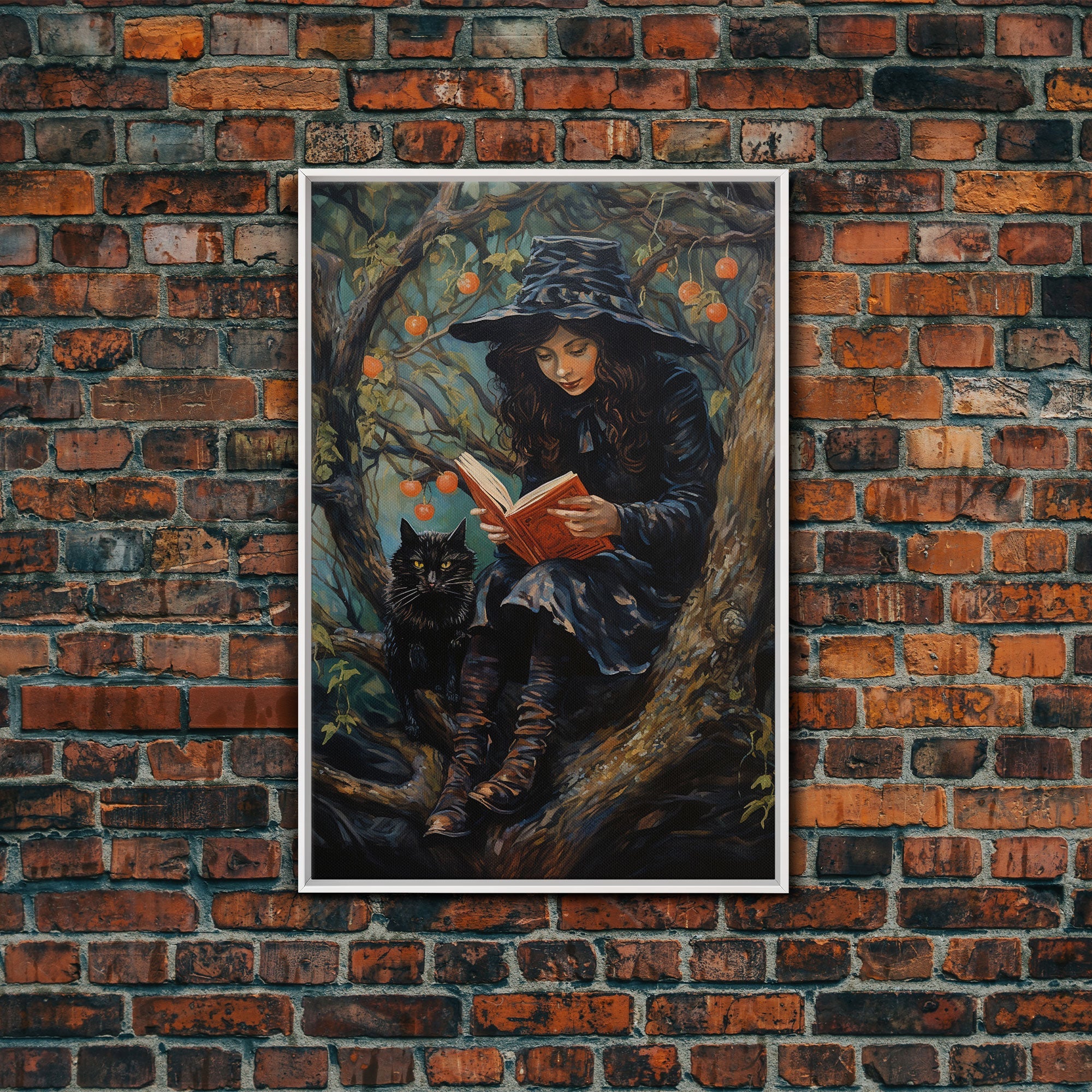 Cute Witch Reading Spells To Her Black Cat Familiar, Vintage Halloween Art, Framed Canvas Print, Halloween Canvas Art, Witchcraft | | Wiccan Center