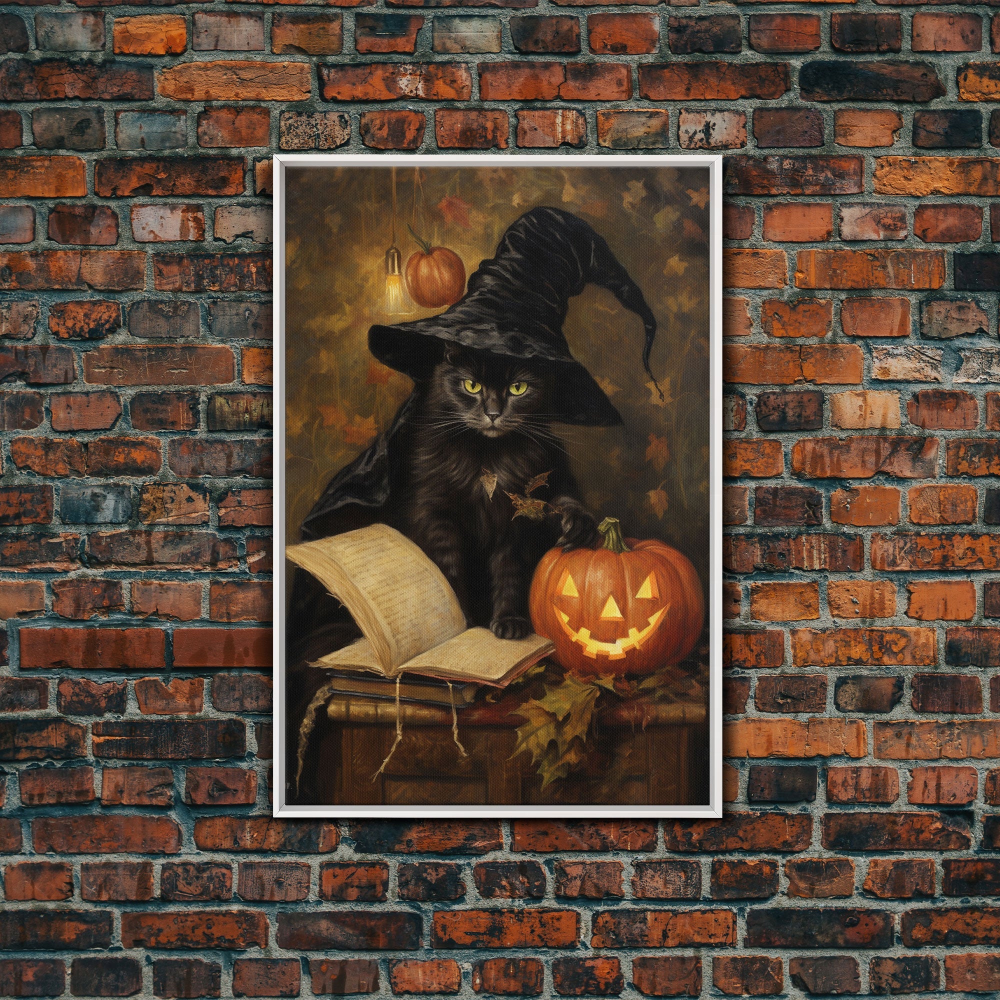 Cute Witch Cat Reading Her Book Of Spells, Vintage Halloween Art, Framed Canvas Print, Halloween Canvas Art, Witchcraft | | Wiccan Center
