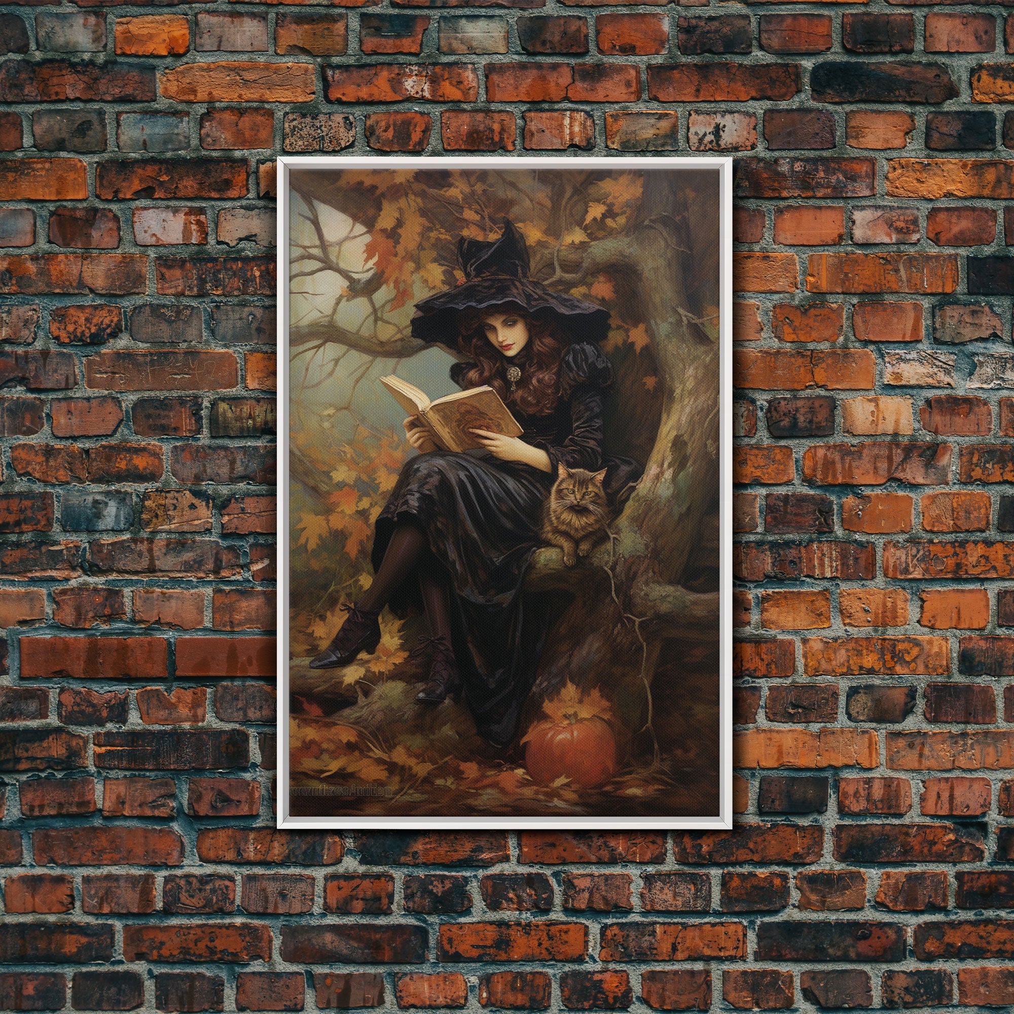 Pretty Witch Reading Spells To Her Black Cat Familiar, Vintage Halloween Art, Framed Canvas Print, Halloween Canvas Art, Witchcraft | | Wiccan Center