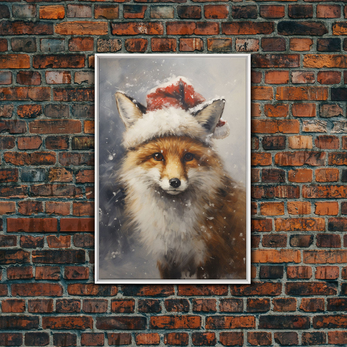 Cute Christmas Fox In A Santa Hat, Christmas Art, Christmas Decor, Christmas Wall Art, Farmhouse Christmas, Vintage Christmas, Fox Art
