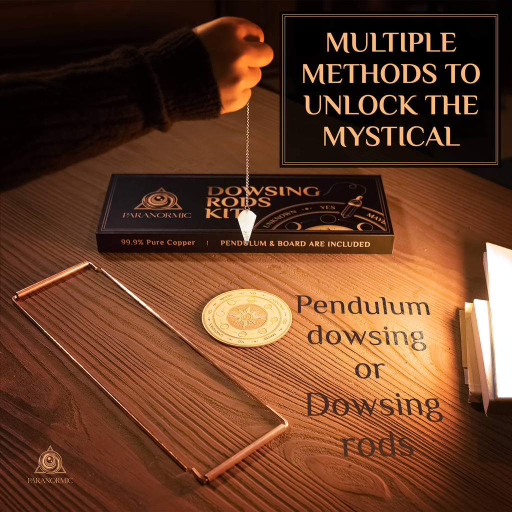 PARANORMIC Dowsing Rods Kit – 99.9% Pure Copper, Quartz Pendulum & Wooden Board