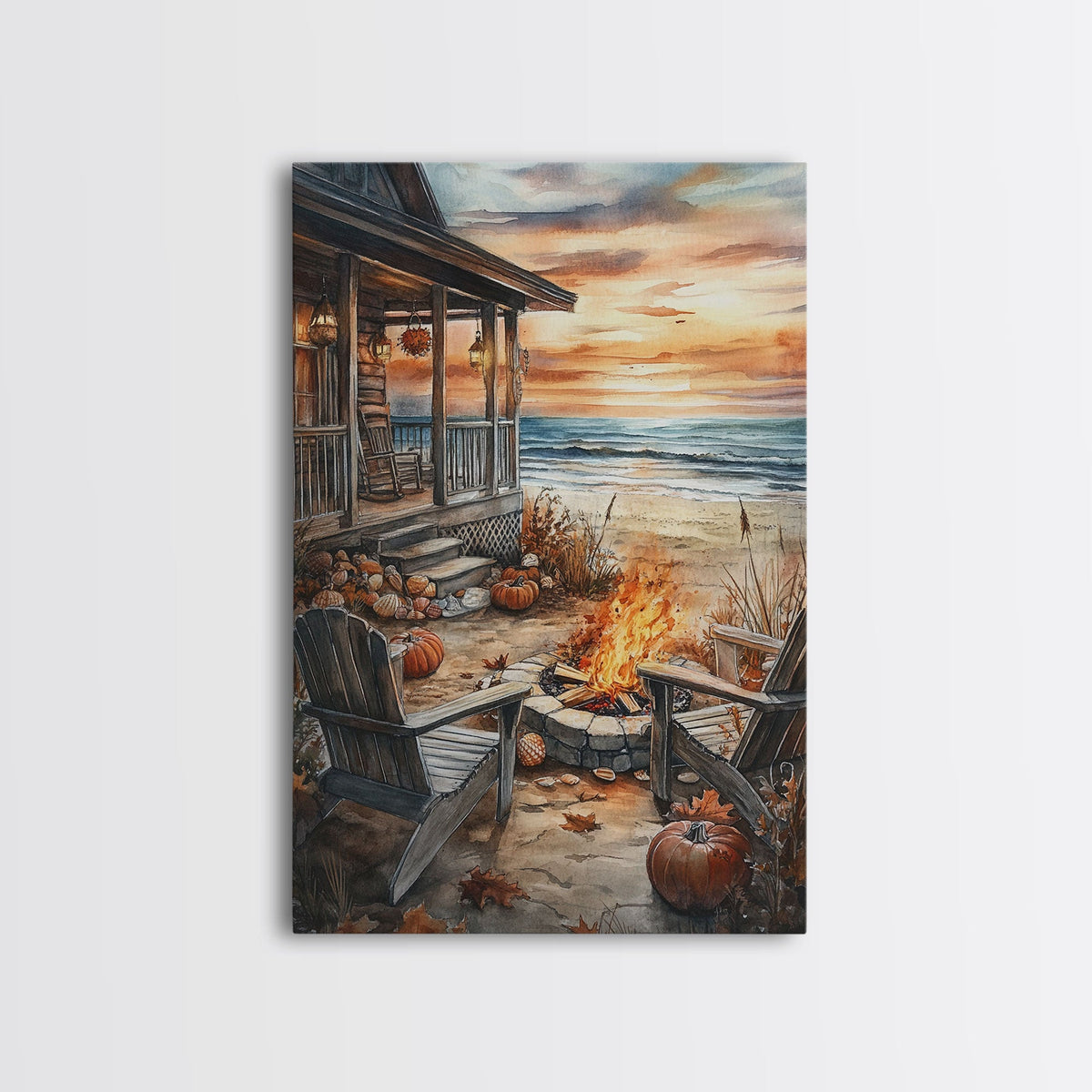 Beach Campfire On The Fall, Framed Canvas Print, Boho Beach Art Nautical Decor, Modern Christmas / Thanksgiving Gift Wall Art | | Wiccan Center