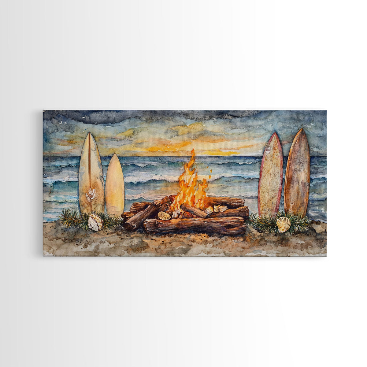 Surfboards And Bonfire On The Beach At Sunset, Tropical Coastal Wall Art, Beach Christmas Decor, Framed Canvas Print | | Wiccan Center