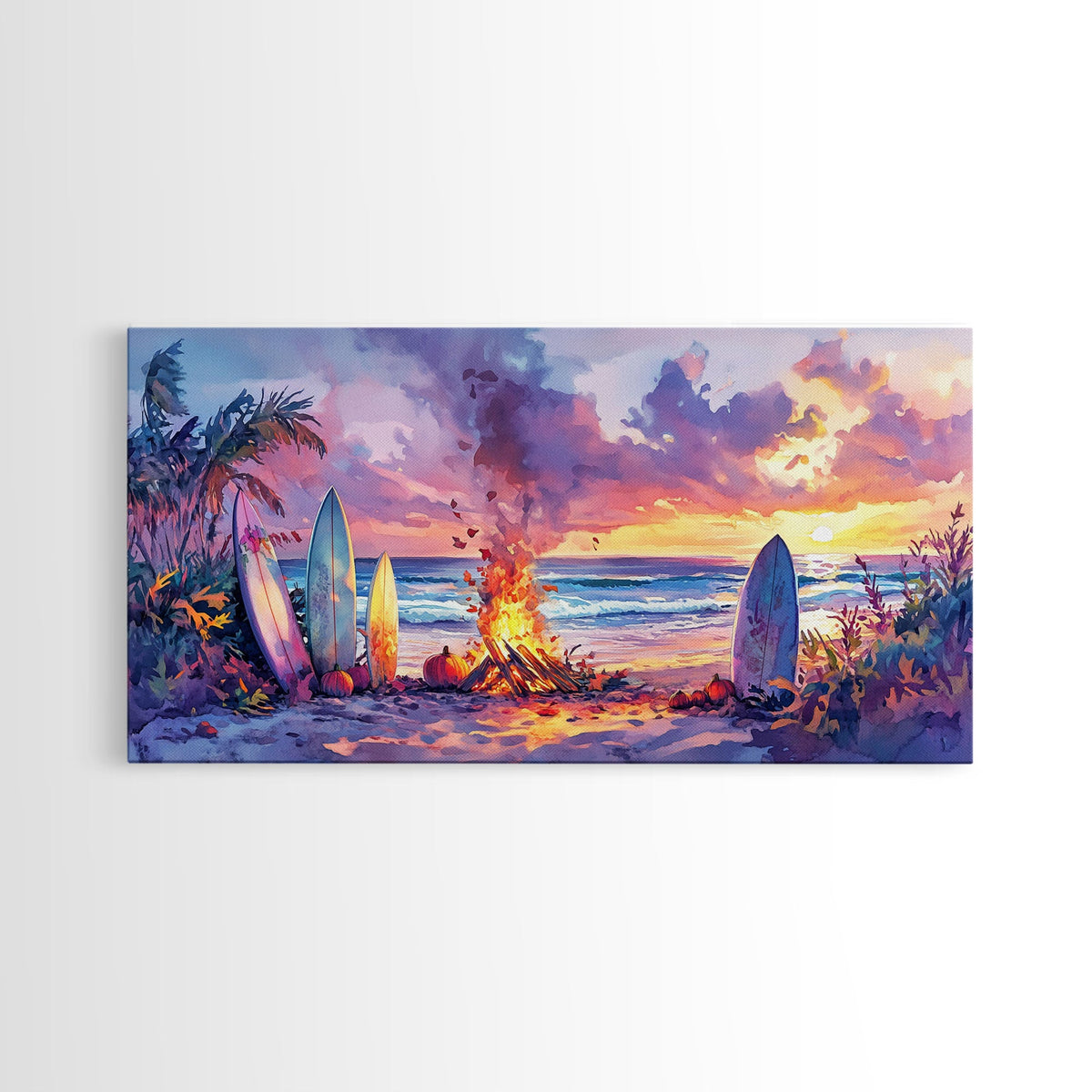 Surfboards And Bonfire At Sunset With Pumpkins, Tropical Beach Christmas Wall Art, Coastal Holiday Framed Canvas Print | | Wiccan Center