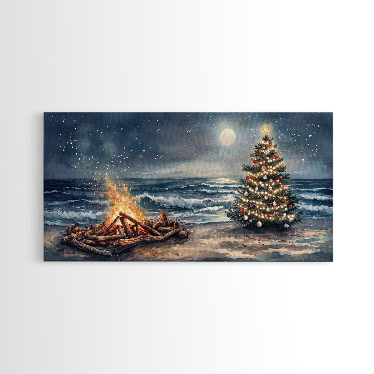 Cozy Bonfire On Beach With Christmas Tree Framed Canvas Print, Nighttime Winter Beach Holiday Wall Art And Coastal Decor | | Wiccan Center