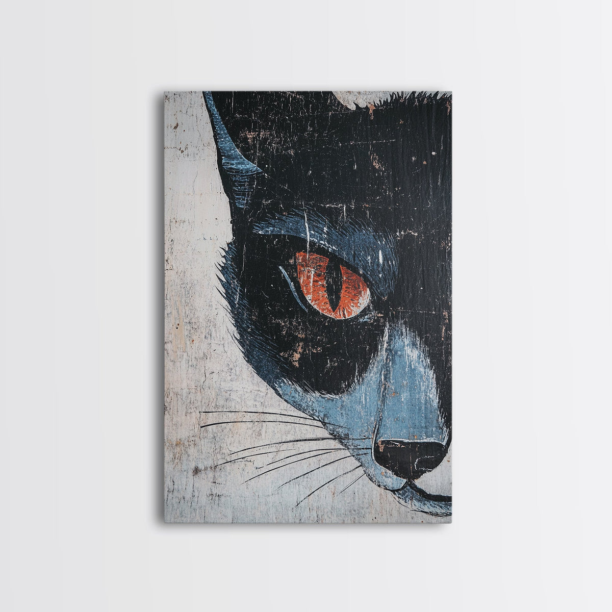 Portrait of a Black Cat, Wabi Sabi Wall Art, Cat Painting, Cat Art, Wabi Sabi Wall Art, Framed Canvas Print, Black Cat Gift