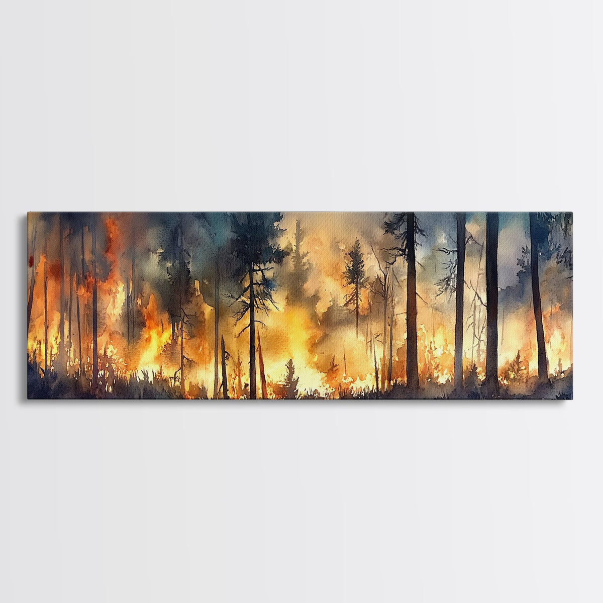 Watercolor Painting Print of a Forest on Fire, Extra Wide Horizontal Art, Forest Fire Painting, California Wall Art | | Wiccan Center