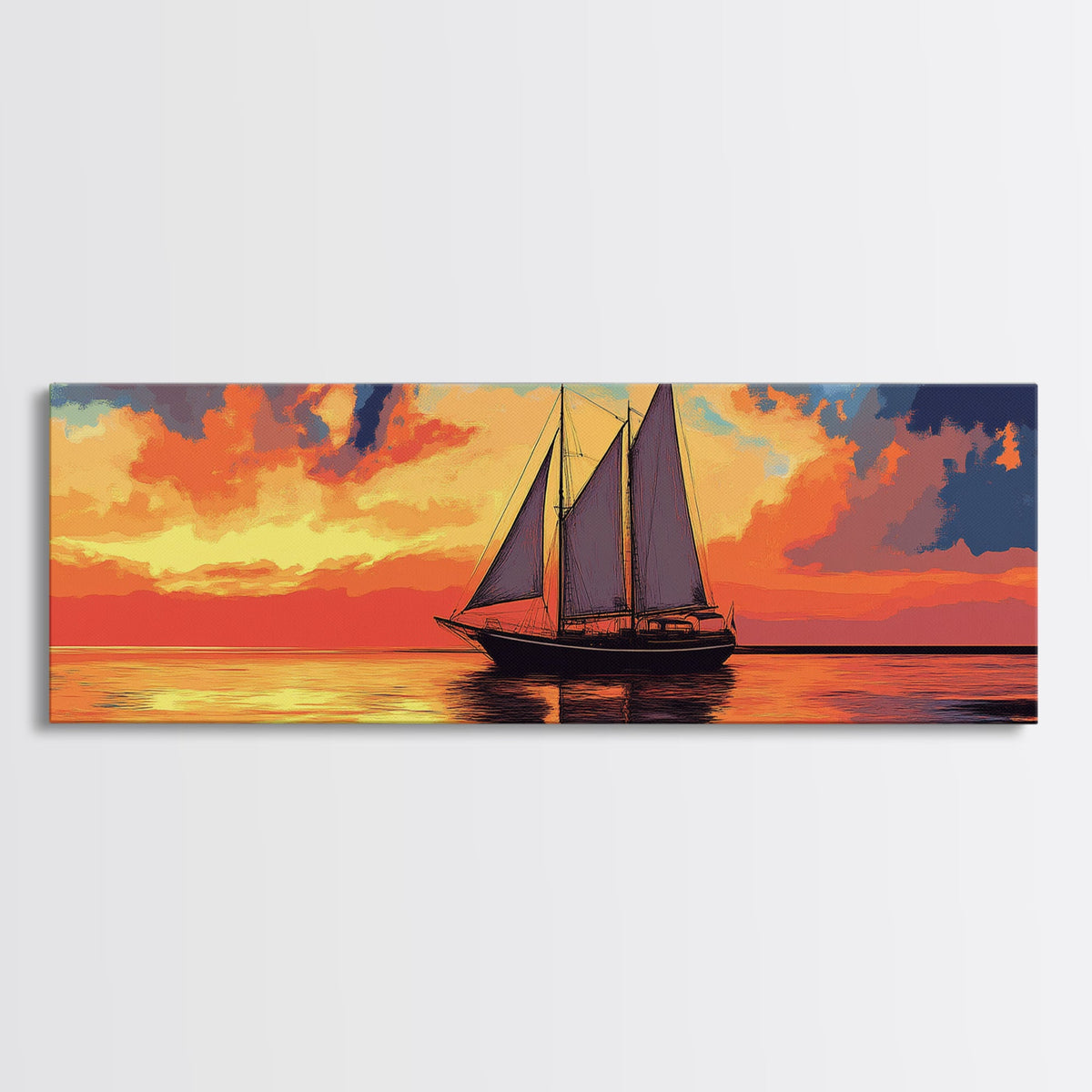 Pirate Ship at Sunset Framed Canvas Print - Panoramic Wall Art - Sailboat Painting - Sail Boat Art - Nautical Decor - Lake House Art | | Wiccan Center