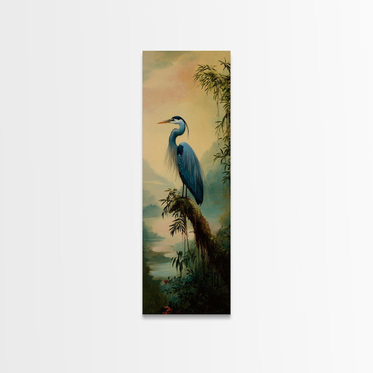 Framed Canvas Print Blue Heron Landscape Bird Art Whimsical Wall Art Coastal Decor Cottagecore Rustic Decor Tall Skinny Art Bird Painting