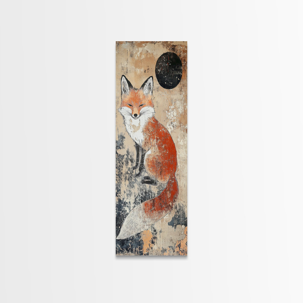 Framed Canvas Print of Fox Under Night Sky, Rustic Decor, Cottagecore Art, Animal Painting, Minimalist Nature Art, Woodland Charm