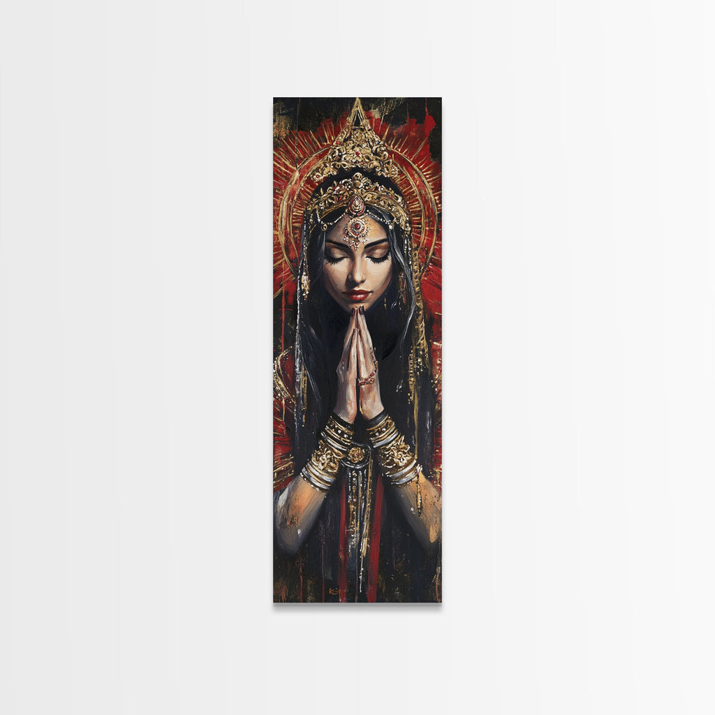 Goddess Prayer Painting Framed Canvas Print, Kerala Mural Art with Rich Red and Gold, Dark Angels Wall Art for Boho Bedroom Decor | | Wiccan Center