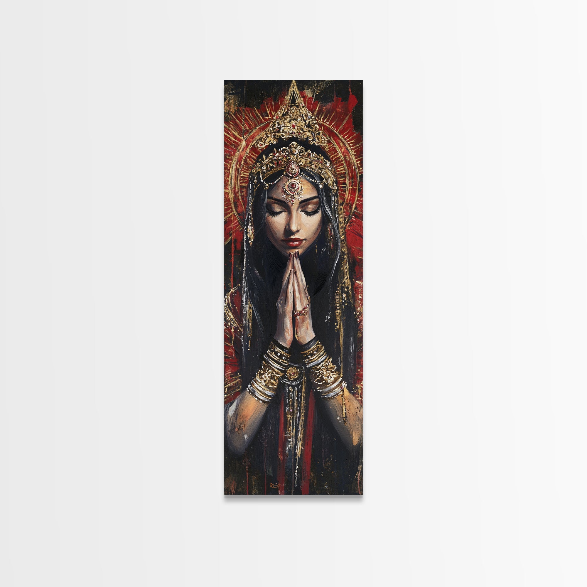 Goddess Prayer Painting Framed Canvas Print, Kerala Mural Art with Rich Red and Gold, Dark Angels Wall Art for Boho Bedroom Decor