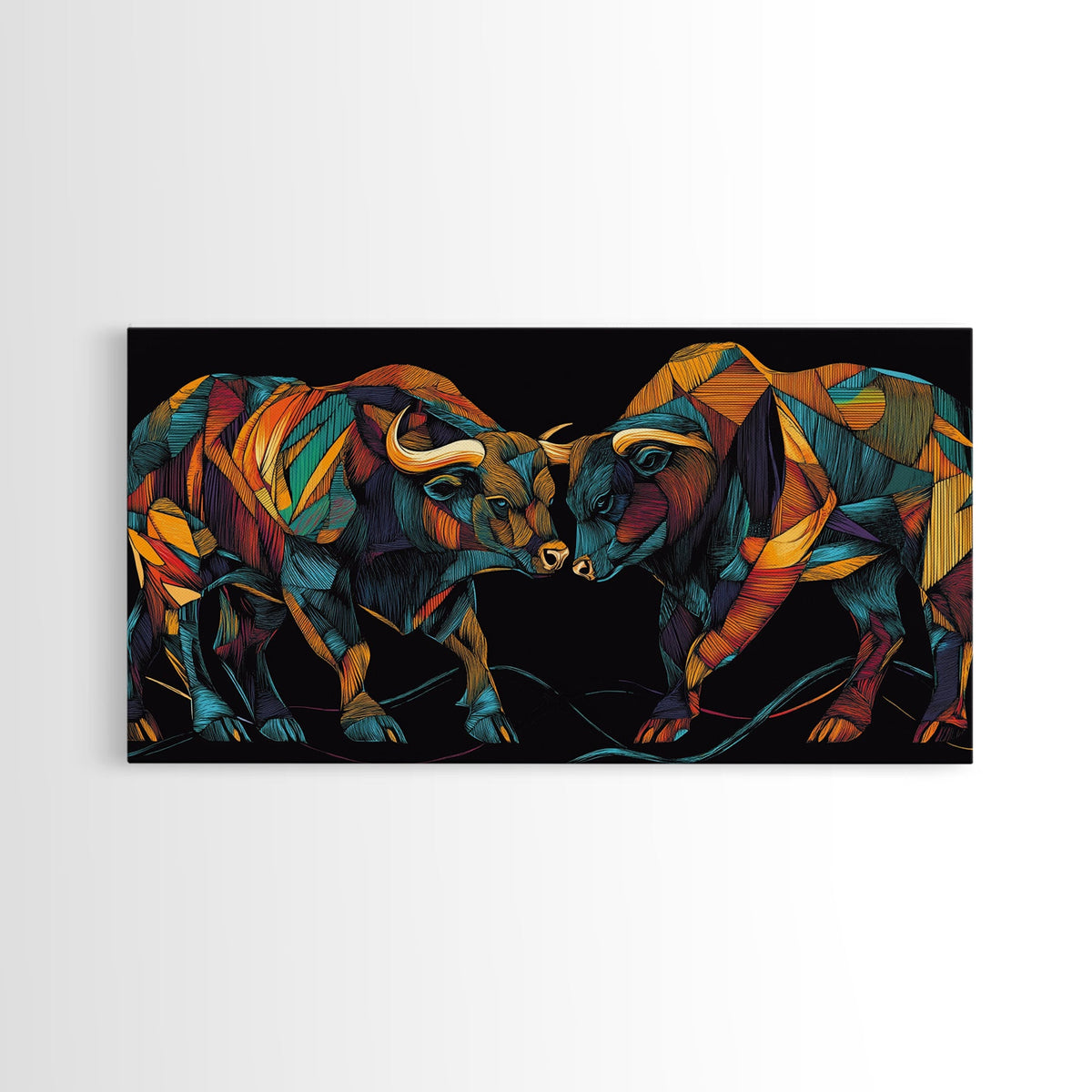 Vibrant Mosaic Bulls Canvas Print Colorful Geometric Wall Art Rustic Decor Living Room Art Tall Narrow Art Bull and Bear Art